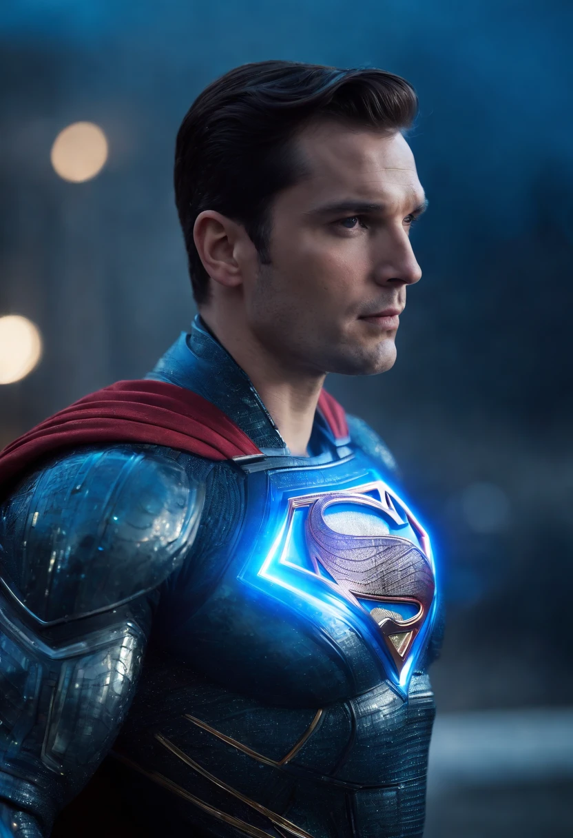 Create a mascular Hi-Tech armour cyber punk style, superman wearing transparent shining glowing blue Hi-Tech armour, armour glowing blue, transparent cosmic glowing look, Hi-Tech superman armour