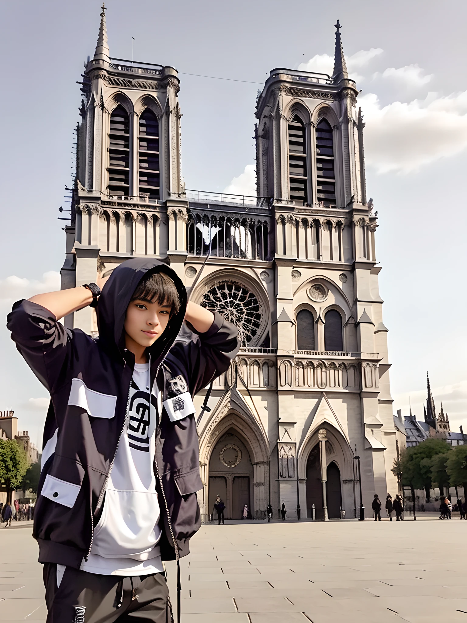 masterpiece, best quality, 1boy, short hair, straight hair, handsome, jacket hoodie, techwear, outfit, urban samurai, background notre dame de paris, smile