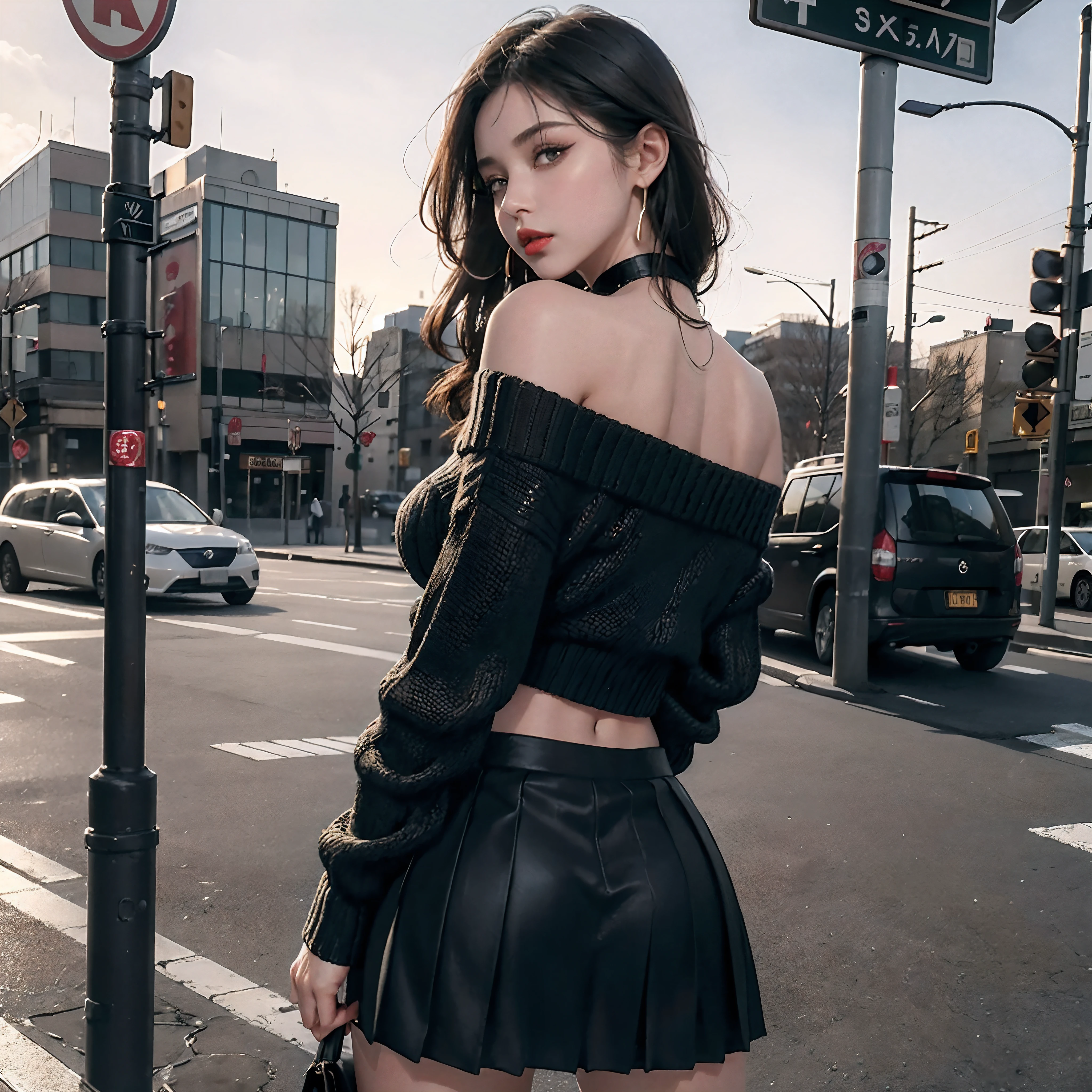 4K, RAW photo, best quality, masterpiece, ultra high resolution, (photorealistic:1.4), realistic,
(best quality, masterpiece:1.2), (extremely intricate, detail_face:1.2), (1girl, slim), full body, dynamic pose, dynamic angle, ((from behind)), (exhibitionism),
shibuya \(tokyo\), bus stop, bus stop sign,
(nsfw:0.8), ((only_sweater)), (off shoulder-sweater, crop top-sweater, long sleeves-sweater), ((low-rise)), (pleated skirt, miniskirt), choker, earrings, navel piercing,
light_on_face, black hair, shiny skin, (gigantic breasts), narrow waist, (thighs), thigh gap, realistic_fingers, whole_fingers, red lips, makeup, huge ass,
