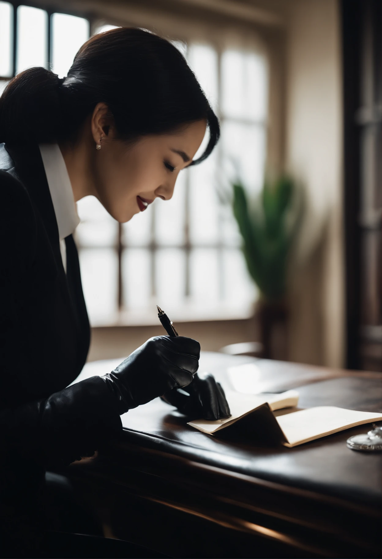 Wearing black leather gloves in both hands, upper body, black business suit, facing the desk in the modern study in the dark, looking down and smiling, writing a letter using a fountain pen, long, straight black hair, young Japanese woman (black leather gloves cover both hands)