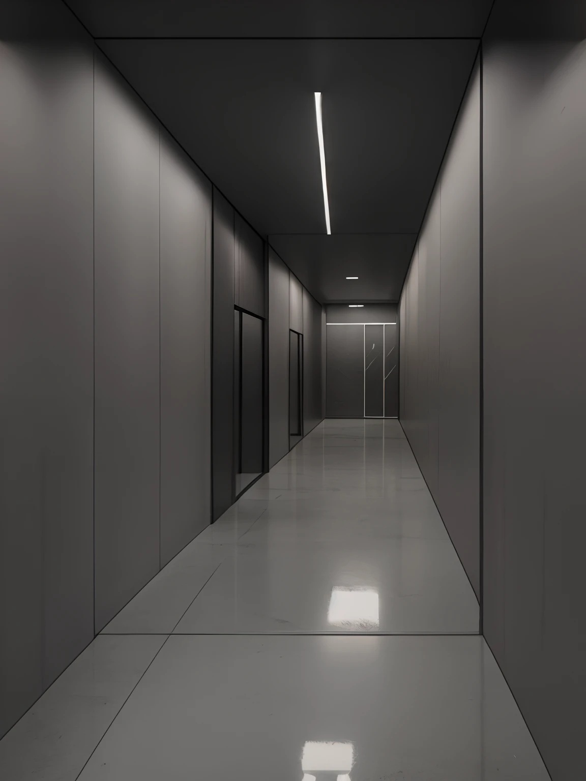 Office elevator hall Dark gray marble floor, aluminum plate wall, aluminum plate top surface, spotlight, dark style, modern style