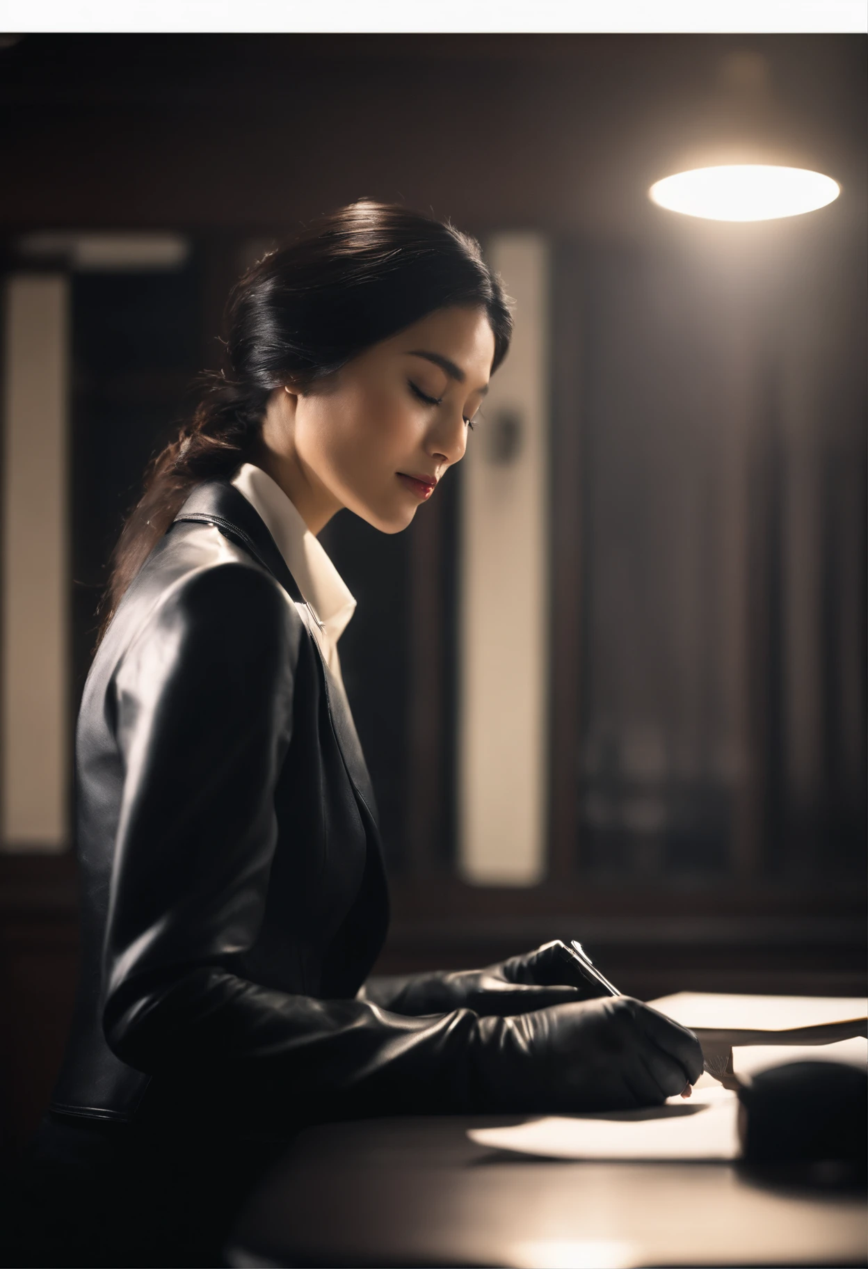 Wearing black leather gloves in both hands, upper body, black business suit, facing the desk in the modern study in the dark, looking down and smiling, writing a letter using a fountain pen, long, straight black hair, young Japanese woman (black leather gloves cover both hands)