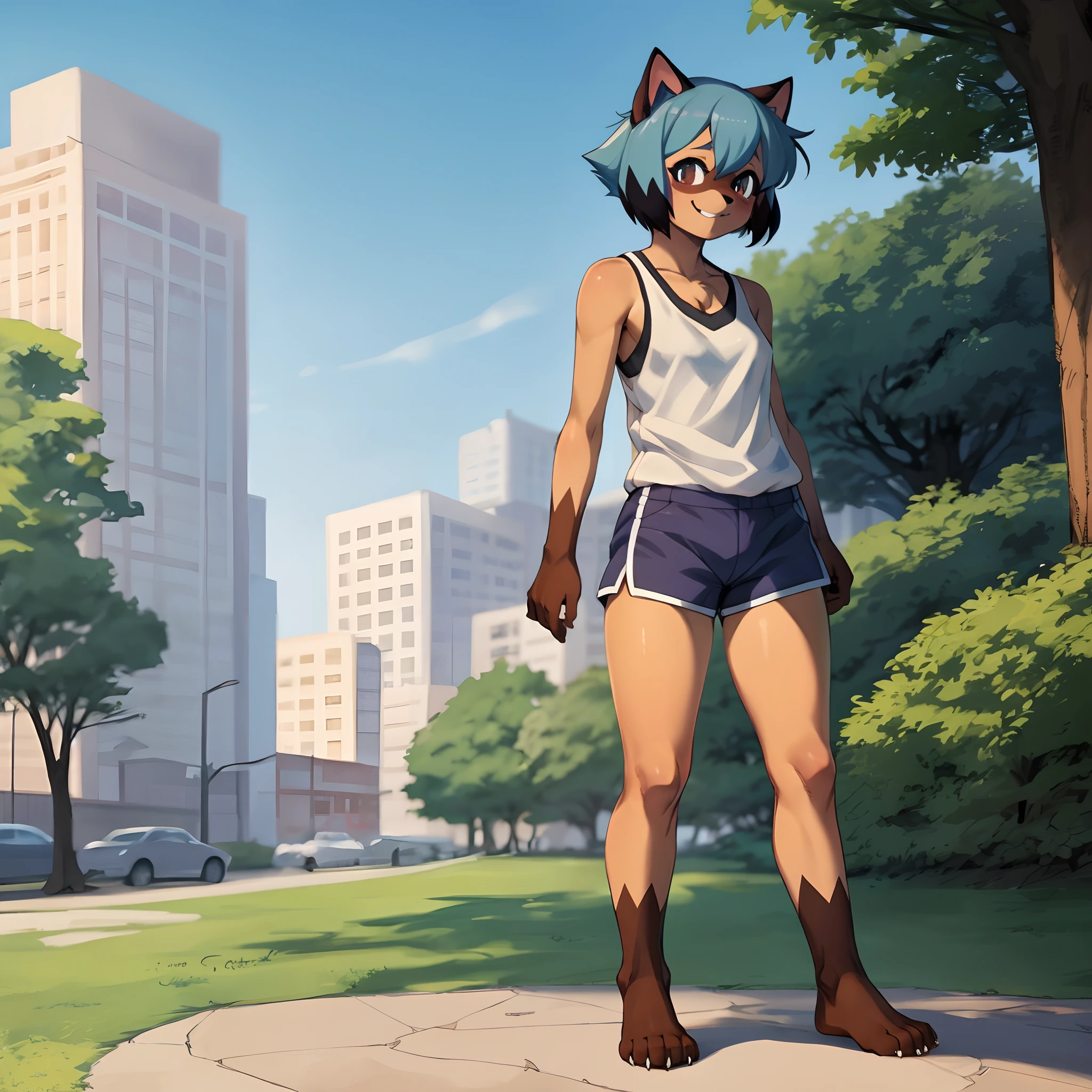 michiru_kagemori, michiru, furry, anthro, (facial_mark:0.5), by gudlmok99, by fumiko, by hyattlen, standing outside at a park, one foot up, grinning, posing playfully, wearing short shorts, white tank top, barefoot, toe claws, five toes, solo:1:2, thick thighs