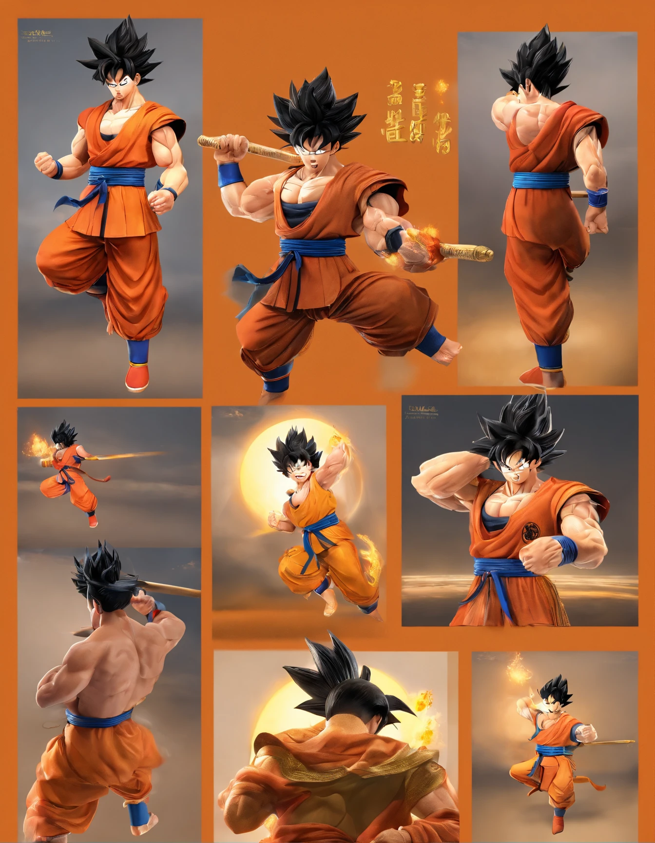Son Goku, Fight over Buddha, Shining with God's eyes, Black monkey hair, Dexterous hands, Strong body, Golden chain mail, Fire-red cloak, Golden Hoop Stick, Clouds and rain, Courage and strength, Wisdom and compassion, heroic fighter, Smart and kind, Weak protection, Brave the odds, Fighting spirit, Represents courage、Smart and kind