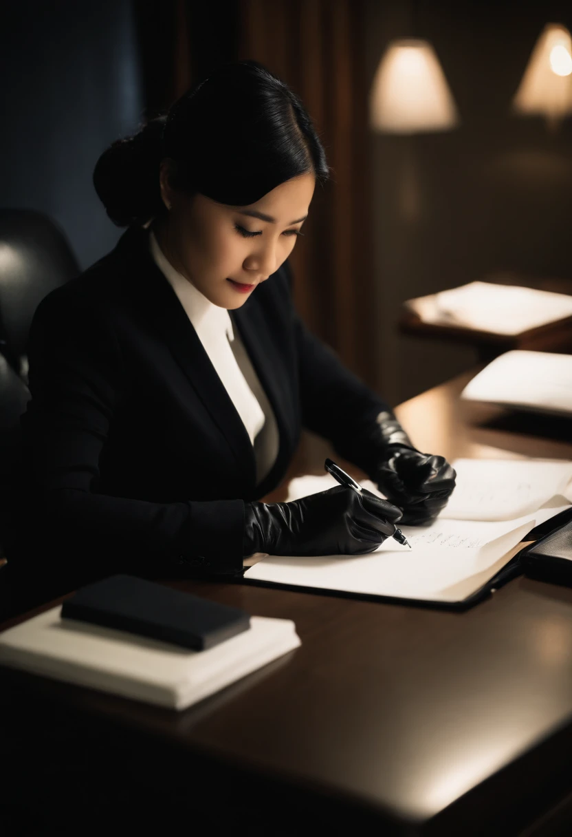Wearing black leather gloves in both hands, upper body, black business suit, facing the desk in the modern study in the dark, looking down and smiling, writing a letter using a fountain pen, long, straight black hair, young Japanese woman (black leather gloves cover both hands)