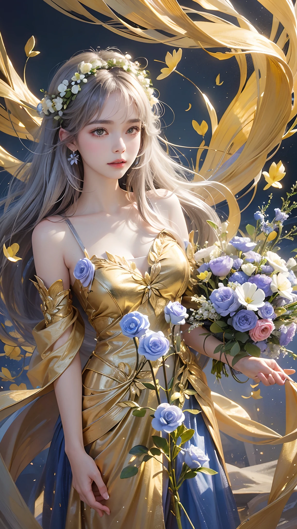 1girl, long hair, flower, Lisianthus, in the style of golden and light azure, dreamy and romantic compositions, golden, ethereal foliage, playful arrangements, fantasy, high contrast, ink strokes, explosions, over exposure, golden and silver tone impression, abstract, attractive pose,