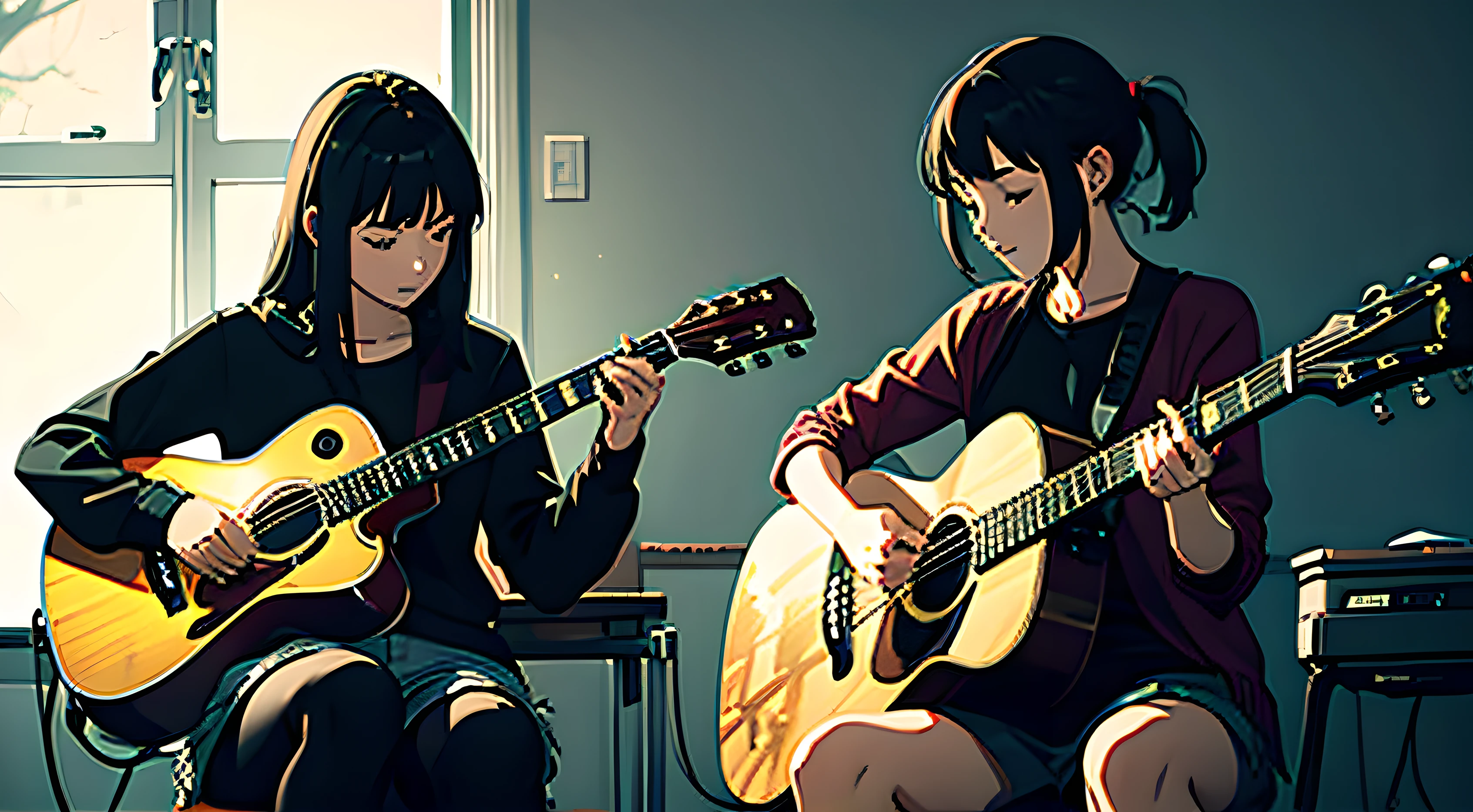 Two people playing guitar