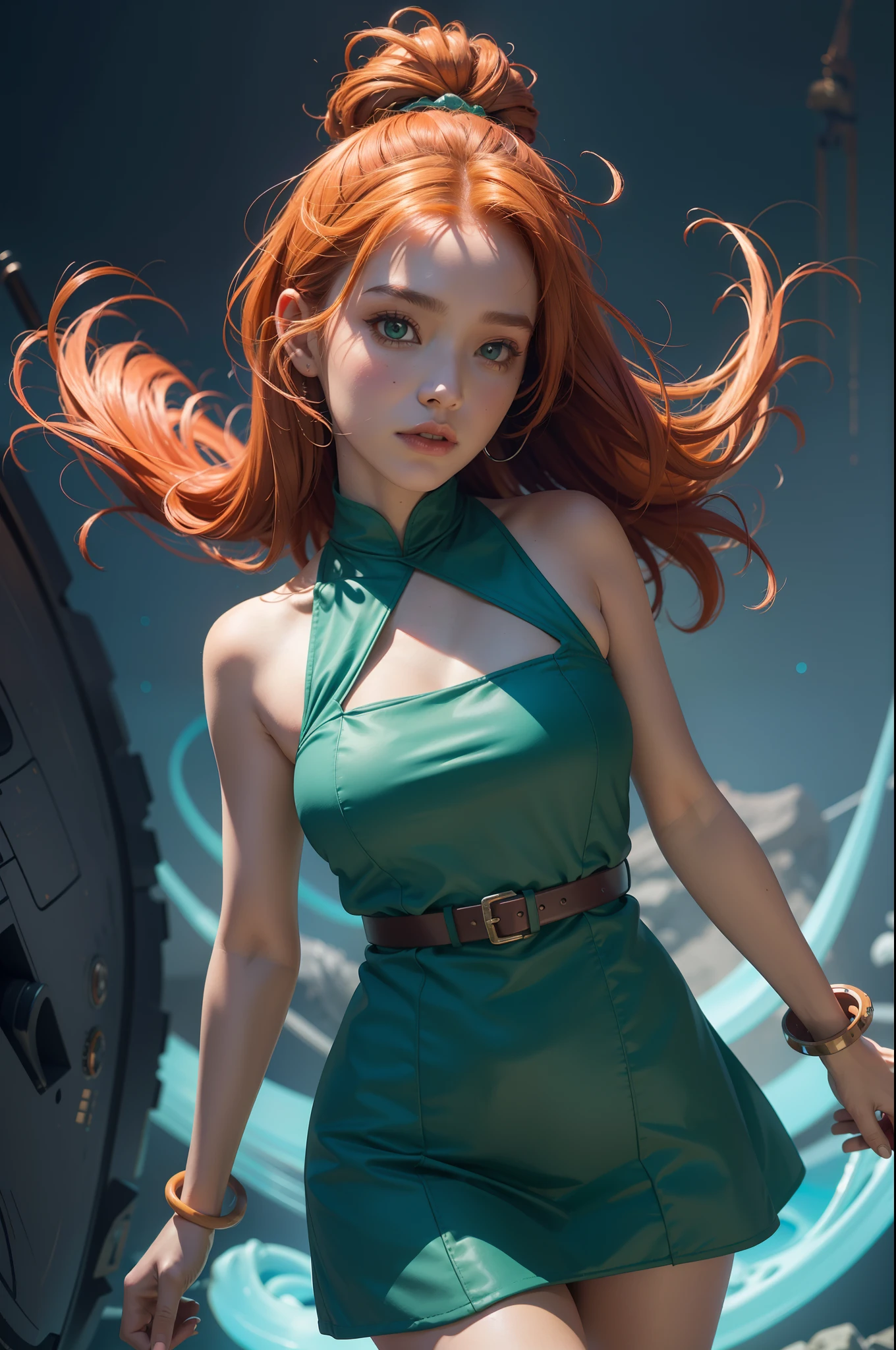 concept art, overhead angle of a Will-o'-the-wisp, wearing Funny Somali Emerald deep orange Pinafore, Caramel hair styled as Short hair, fluorescent purple Hair tie, equirectangular 360, Highres,  [(art by Willi Baumeister:1.1), (art by John T. Biggers:1.2)::17], official art, unity 8k wallpaper, ultra detailed, aesthetic, masterpiece, best quality, photorealistic
