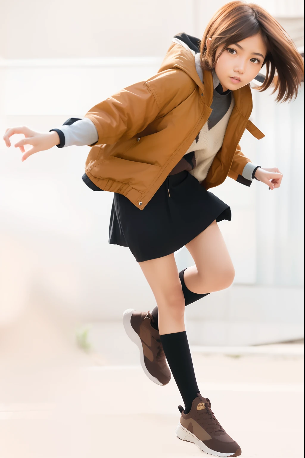 Girl utarakan,short hair , brown jacket, brown hair, ultra detail, 70mm lens.