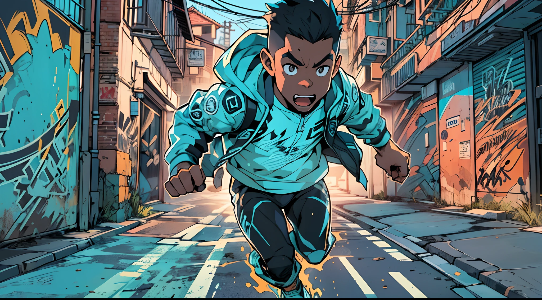 Black boy is running in the streets, blue hour, dynamic composition, radical moment, dynamic composition, panoramic view, high definition, high resolution, intricate details, cinematic lights e composition, 2d cartoon style, vector, splash ink, graffiti
