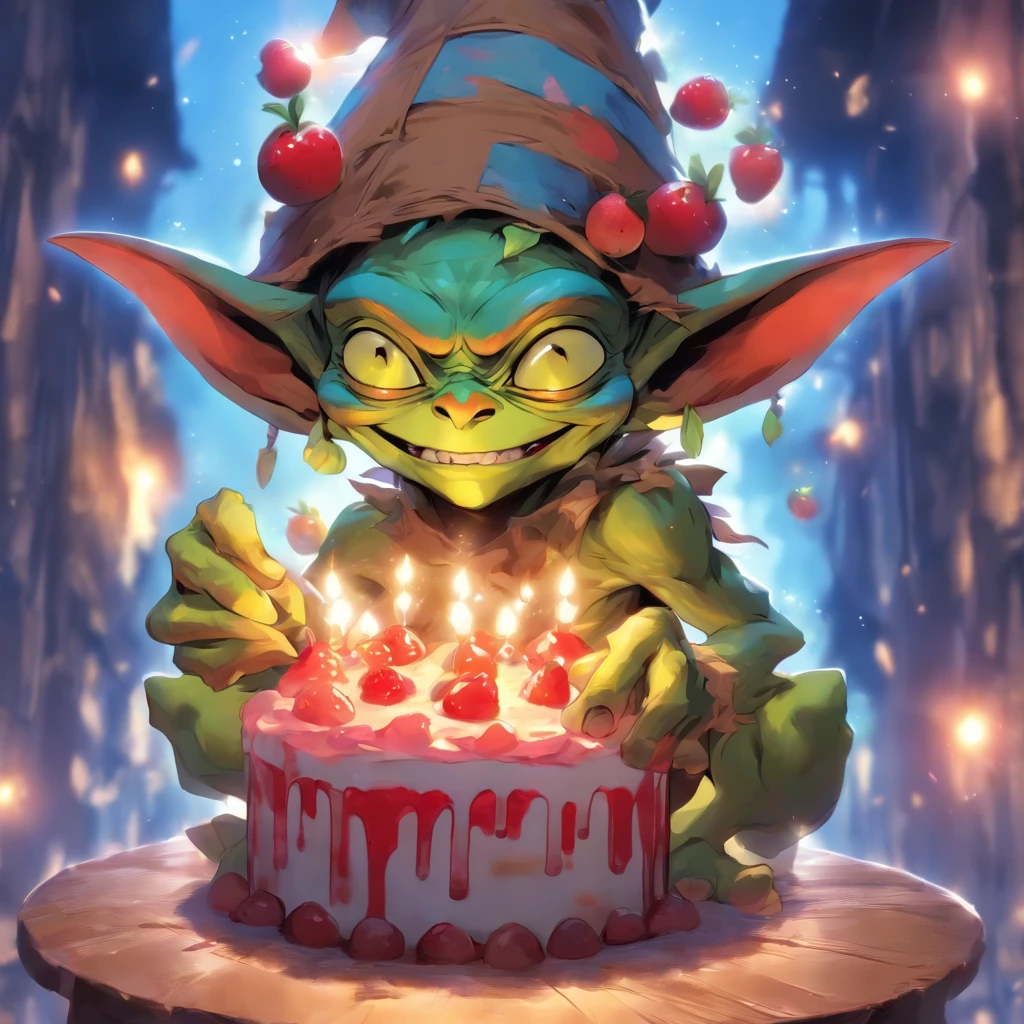 Goblin, wearing Mini Cake Hat, colors are white light-brown and red and blue fruit, masterpiece, best quality