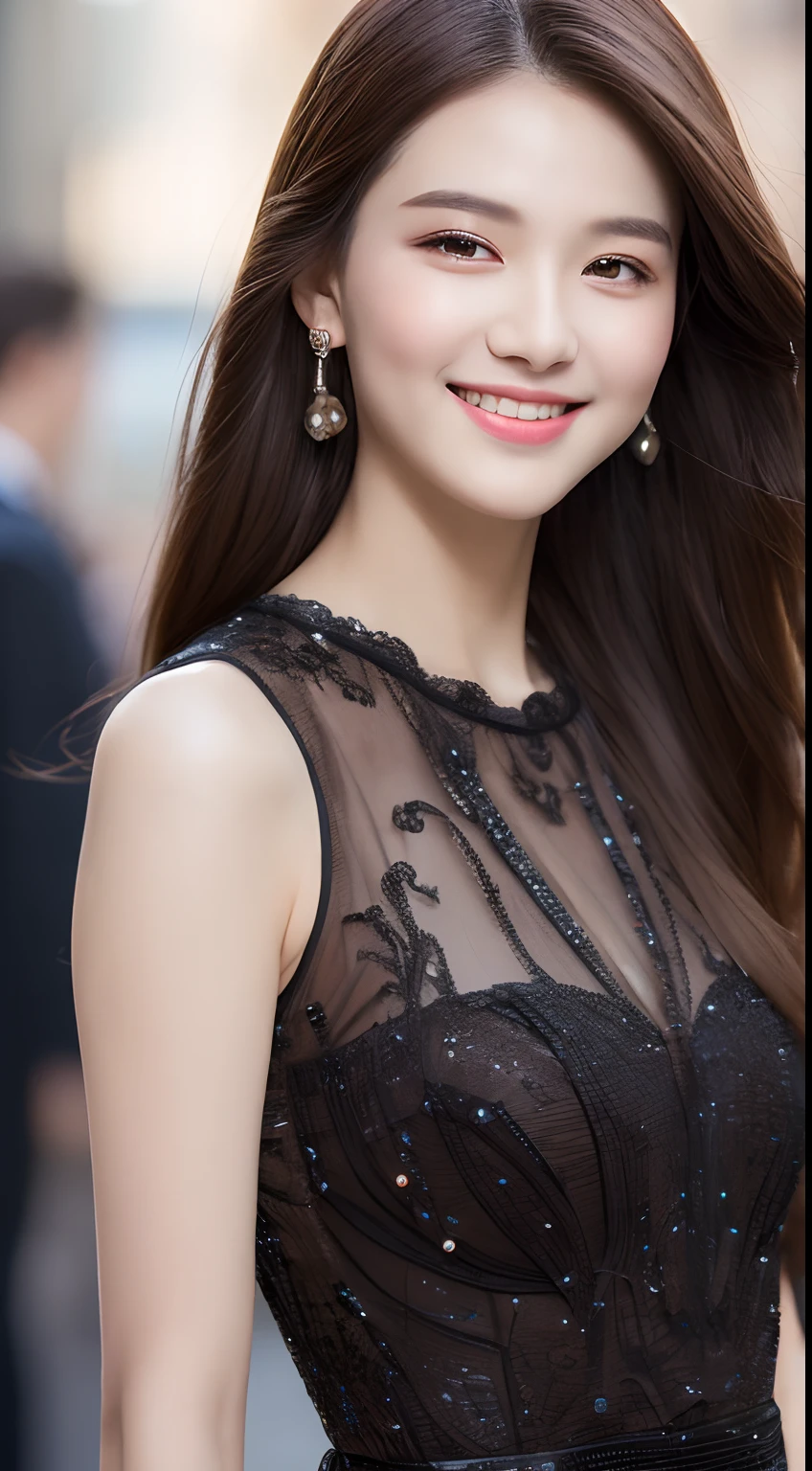 ((Best quality, 8k, Masterpiece :1.3)), 1girl, smiling, full body, slim face, Pretty woman, (Dark brown hair), full length dress :1.1, Ultra-detailed face, Detailed eyes, Double eyelid, blur background, slim face, city, outside, street,