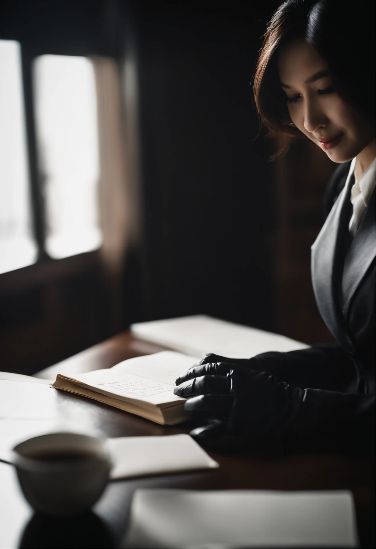 Wearing black leather gloves in both hands, upper body, black business suit, facing the desk in the modern study in the dark, looking down and smiling, writing a letter using a fountain pen, long, straight black hair, young Japanese woman (black leather gloves cover both hands)