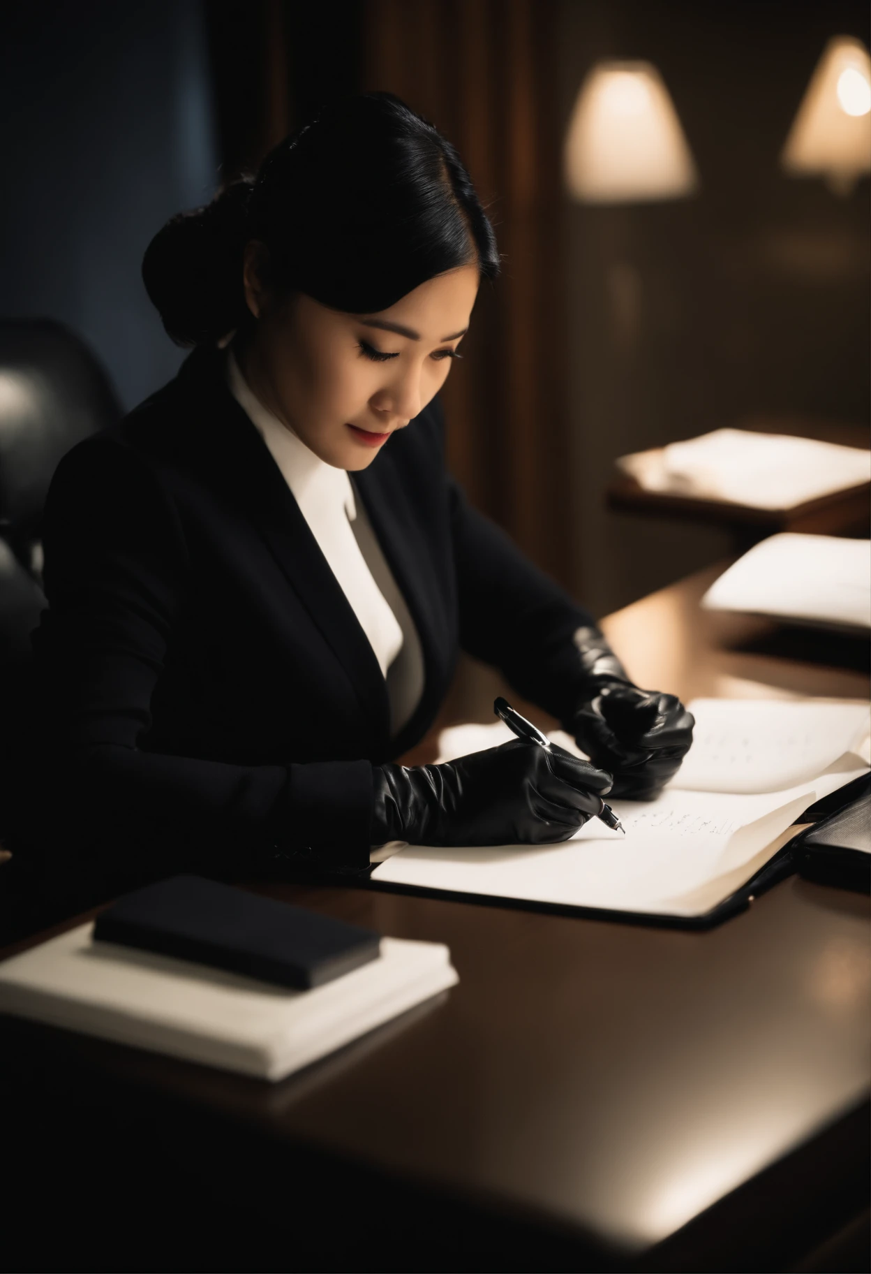 Wearing black leather gloves in both hands, upper body, black business suit, facing the desk in the modern study in the dark, looking down and smiling, writing a letter using a fountain pen, long, straight black hair, young Japanese woman (black leather gloves cover both hands)