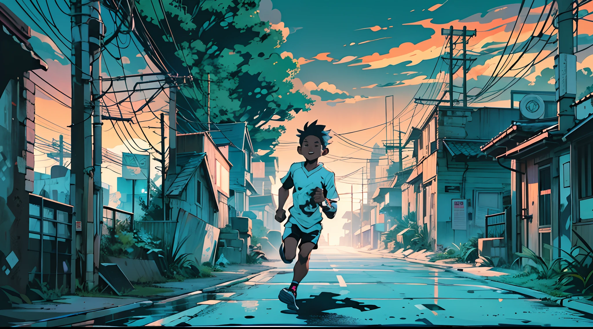 Black boy is running in the streets, blue hour, dynamic composition, radical moment, dynamic composition, panoramic view, high definition, high resolution, intricate details, cinematic lights e composition, 2d cartoon style, vector, splash ink, graffiti