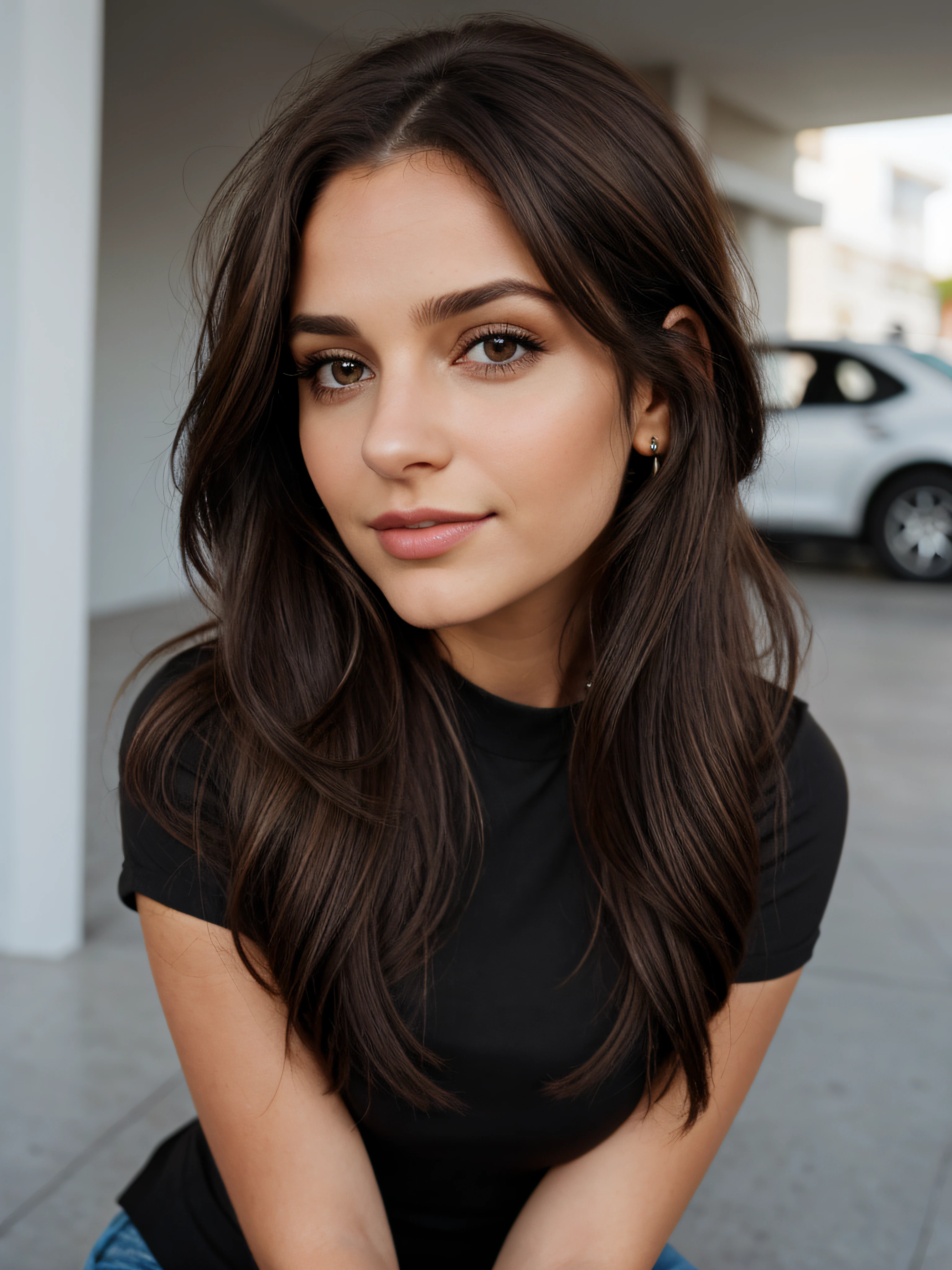 1mujer, (realista:0.75), brown hair, Cabello largo, ojos negros, feliz, cuerpo completo, futurista