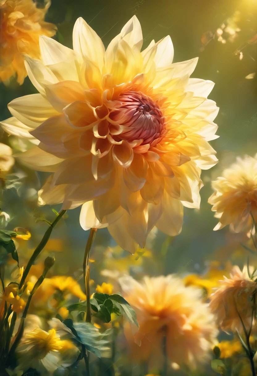 There are yellow flowers with stars in the background, a glowing delicate flower, Giant Dahlia Flower Head, Luminous flowers, Close-up of giant dahlia flower head, photorealistic detailed picture, Beautiful flowers, Drawing flowers, Yellow glowing magic, Rendered illustration, photorealistic highly detailed, Photorealistic Illustration, Highly detailed photorealistic, more detailed illustration, Beautiful glowing backlight, Light Bloom Sunlight, Hyperrealism, cinematic lighting, chiaroscuro