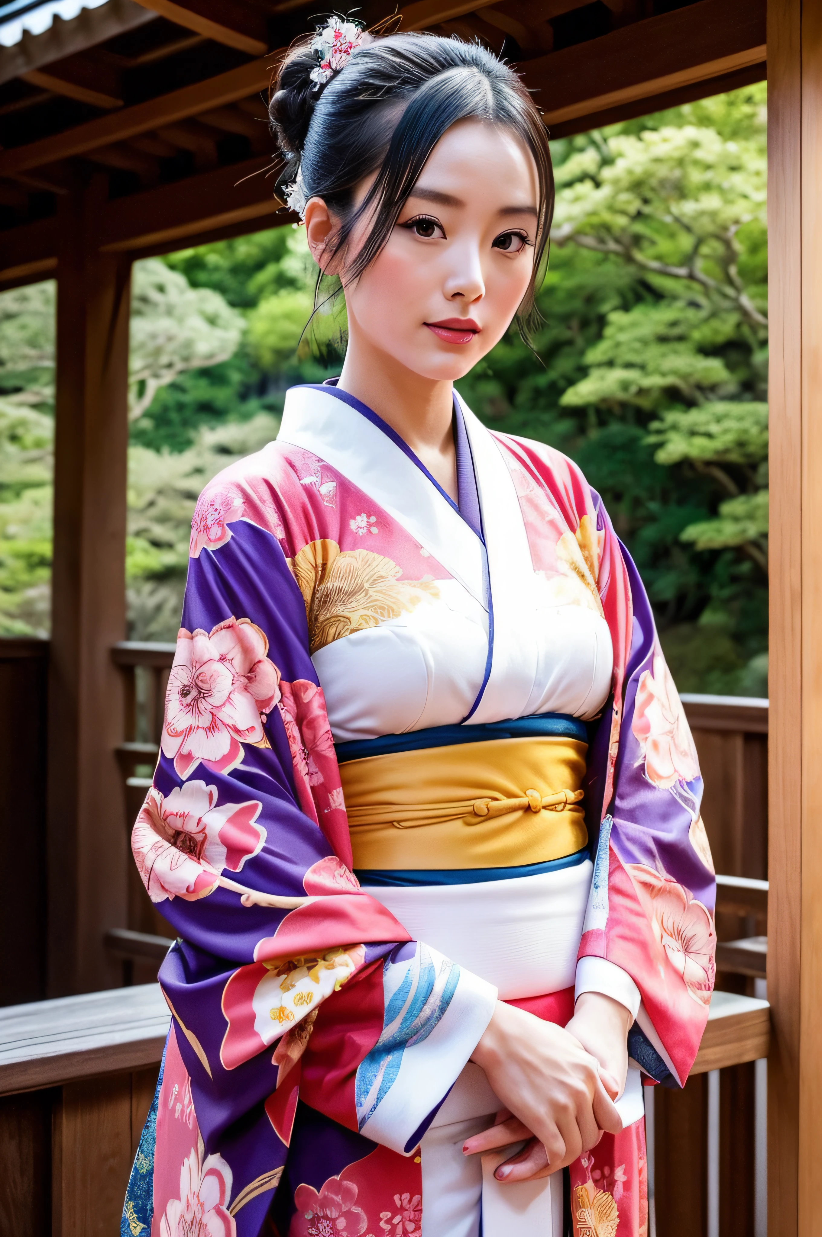(Super beautiful woman in kimono)、((highest quality、8K masterpiece:1.3))、sharp focus:1.2、(super beautiful face:1.0)、(shiny skin:1.0)、realistic pictures、black hair、video lighting、High resolution eyes and face、video lighting、japanese actress、from the front、big breasts、with a happy smile、Slender abs beauty、whole body、wearing a kimono、in Kyoto、(((luxury obi)))、In Kyoto at night、wearing glasses with no edge、with a fan、Fireworks Display