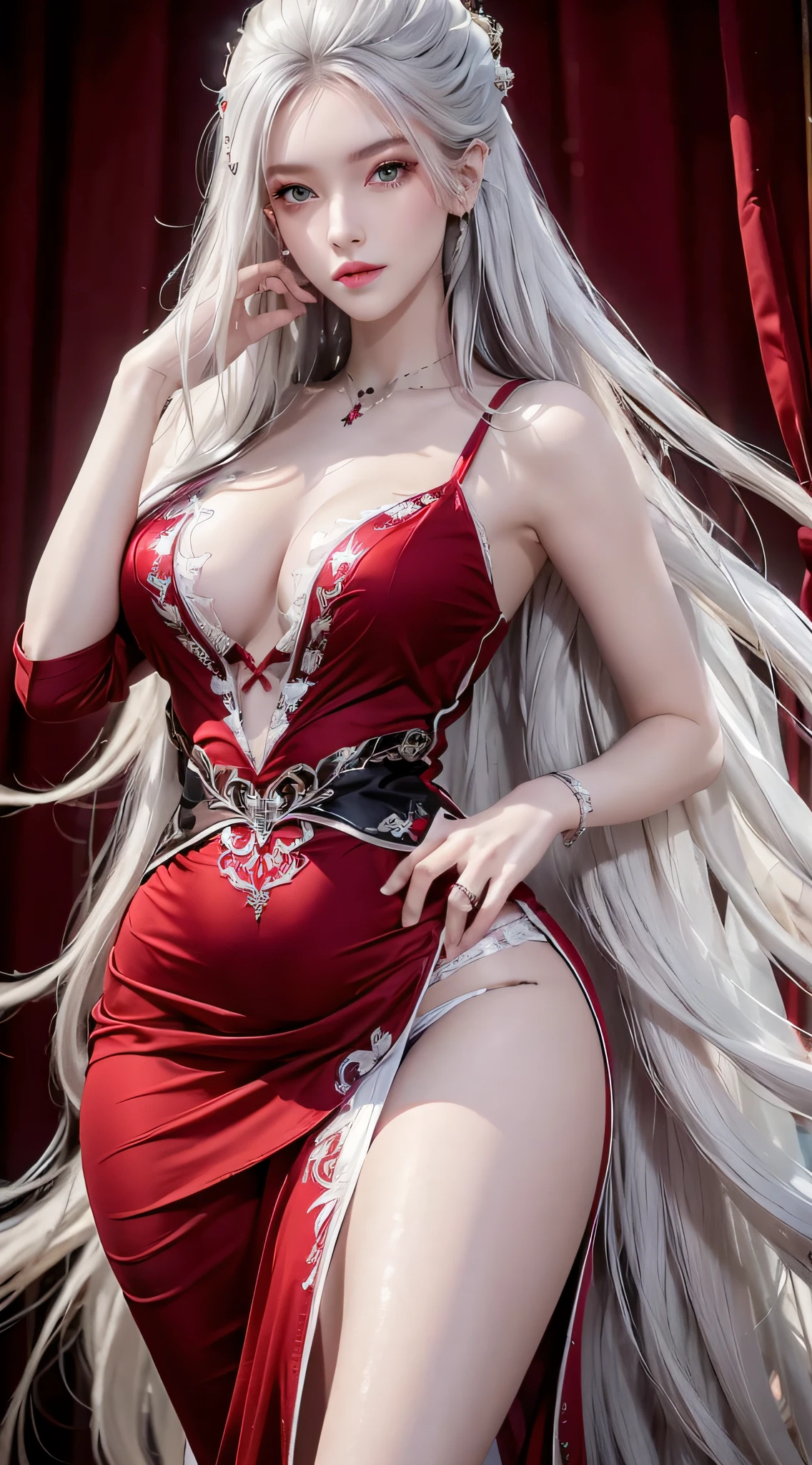 Photorealistic, high resolution, 2 woman, Hips up, Beautiful eyes, White hair, Long hair, ringed eyes, jewelry, tattoo, wedding dress, red dress