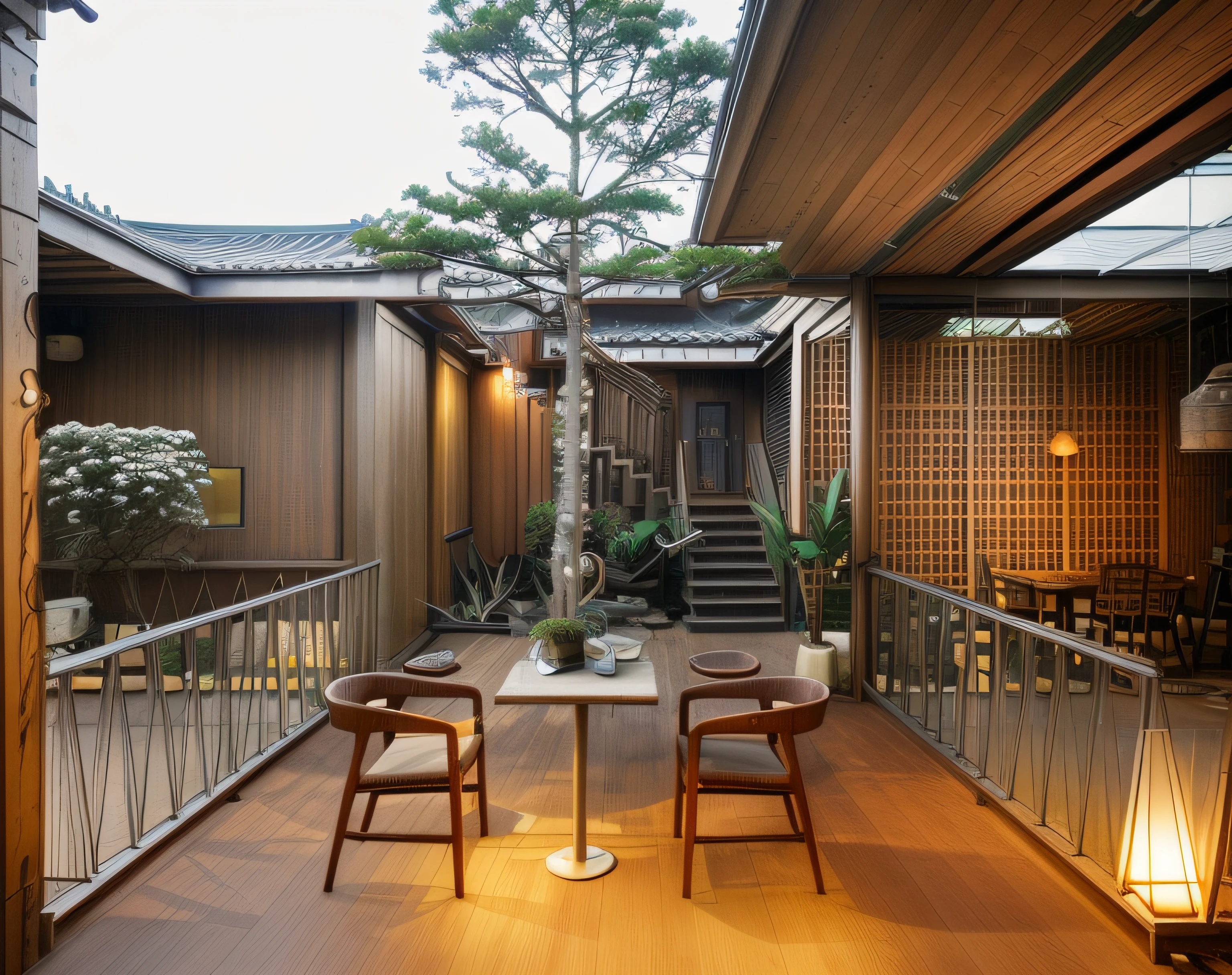 exterior design、Crazy detailed wide-angle building photos、cozy contemporary living room、(Bright warm sunshine 1:0.1)、award-winning contemporary exterior design、Landscapes、DL、a chair、in a house、wooden floor、window、dining room、east asian east asian architecture、Sliding paper doors、lamp lights、buliding、the woods、naturey、Cups、A plant、Interior design、Insert lights and shadows、depth of fields、low illuminance