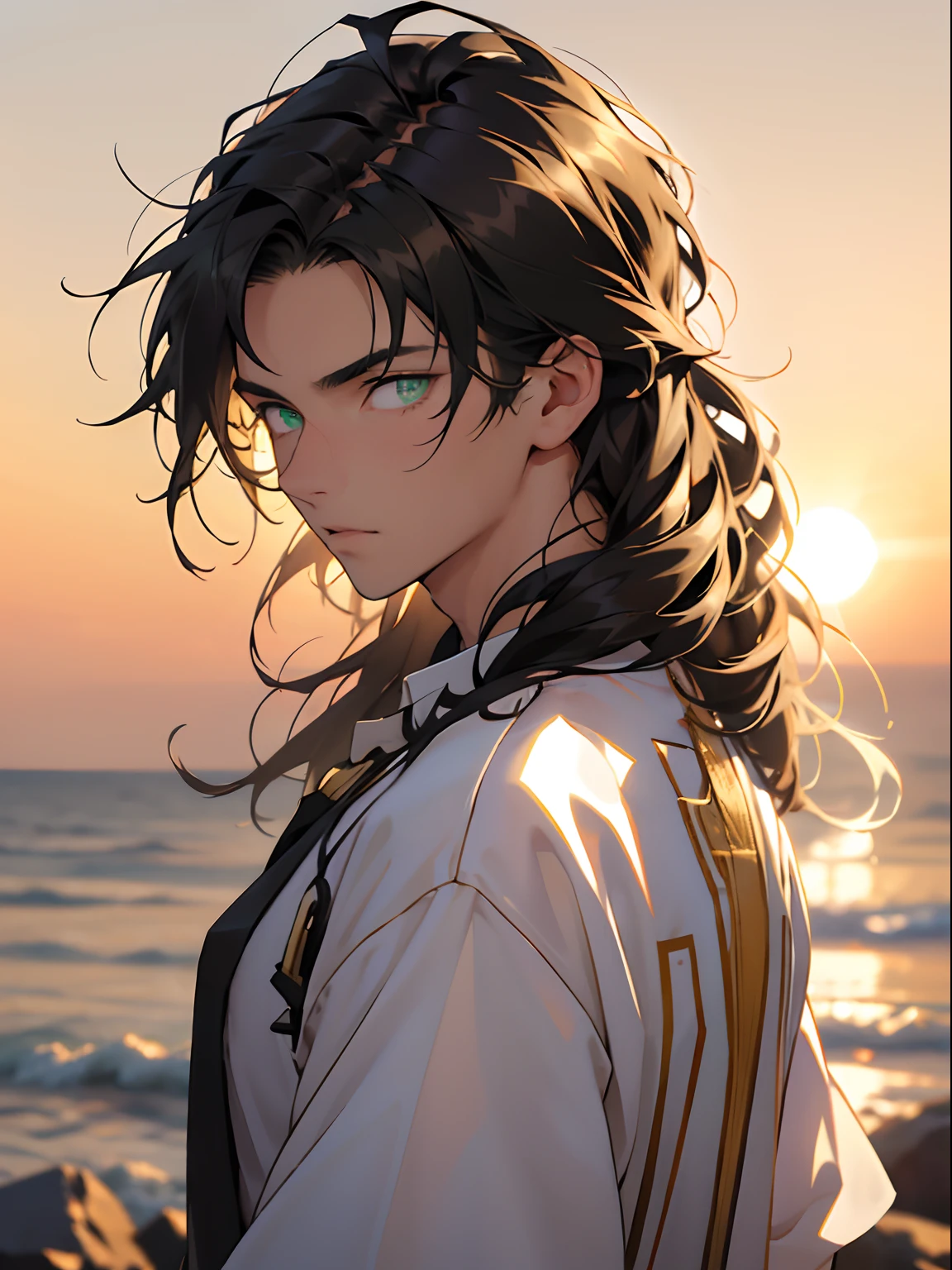 1 Young Man, 16〜20yr old, Details of face, hair messy, detailed hairs, 4K, High resolution, Handsome, Face Focus, Detailed eye, mesmerizing eyes, Black hair, The face is partially covered with hair, low angles, the golden hour, Backlight, Green eyes, Wind, expressionless, looking back over the shoulder