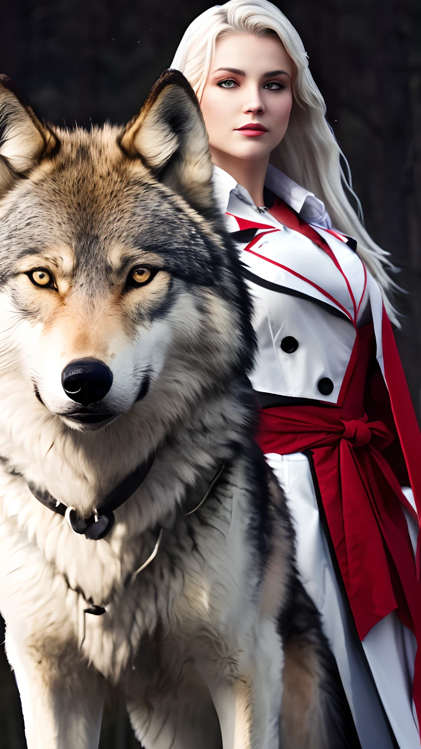8K,Photorealsitic Raw photography top-quality;1.4) (1 Adult Dog Female) Super beauty anthropomorphic dog (Lifelike face) personification Personification of a snow-white dog Wear a red vest with many pockets Red shorts Beautiful expression 超A high resolution a smile Precision Details Realistic coat