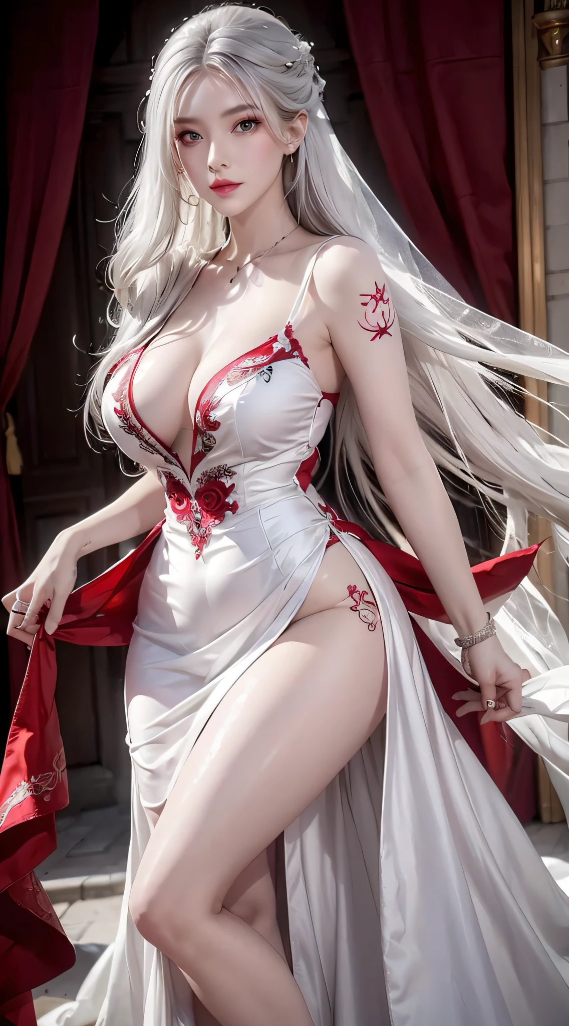 Photorealistic, high resolution, 2 woman, Hips up, Beautiful eyes, White hair, Long hair, ringed eyes, jewelry, tattoo, wedding dress, red dress