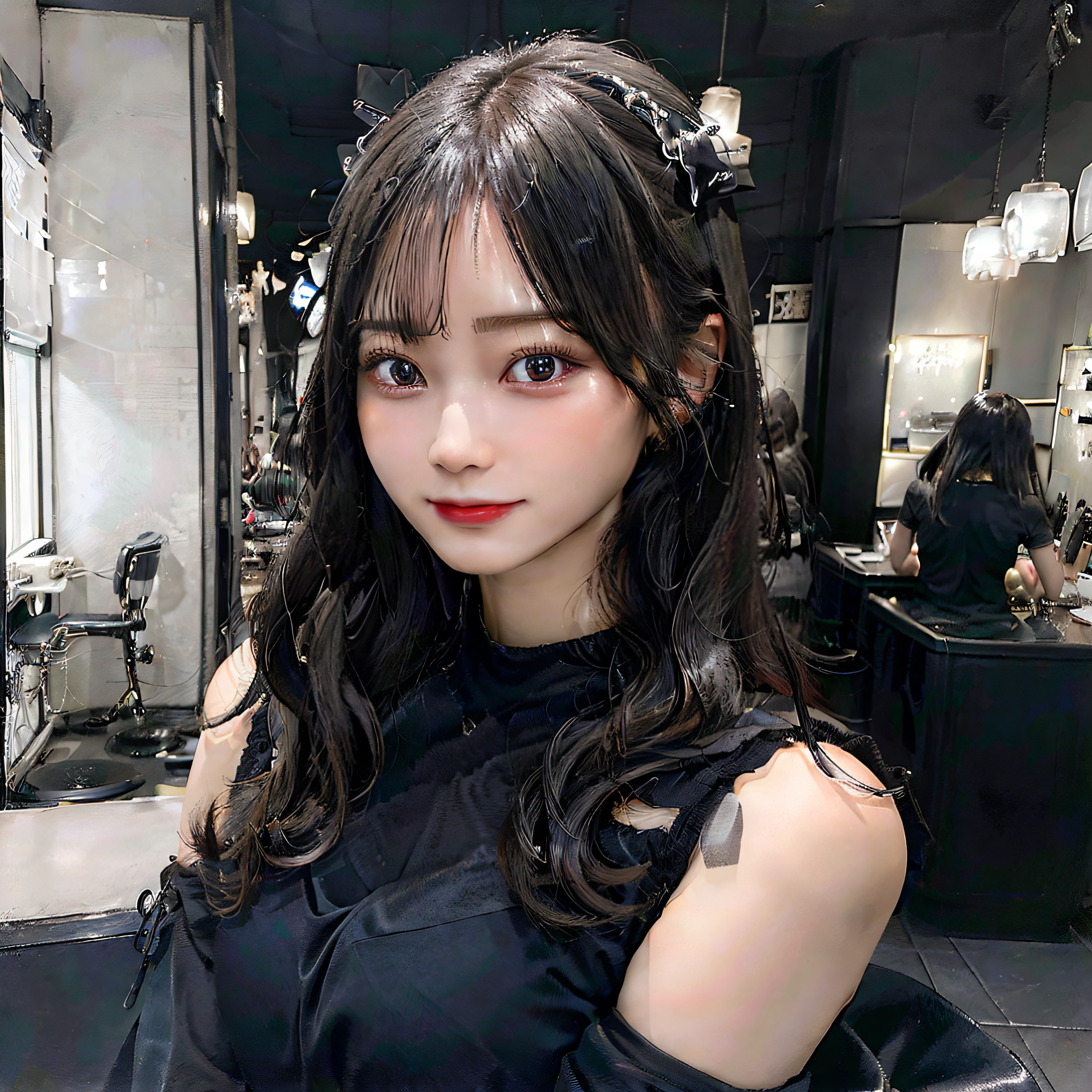 Being in a beauty salon、A slender、top-quality、超A high resolution、(Photorealsitic:1.4)1 female、独奏、Black shirt、Black tight skirt、(faded gray hair:1)、looking at viewert、On the shoulder、Photorealistic look、Human style