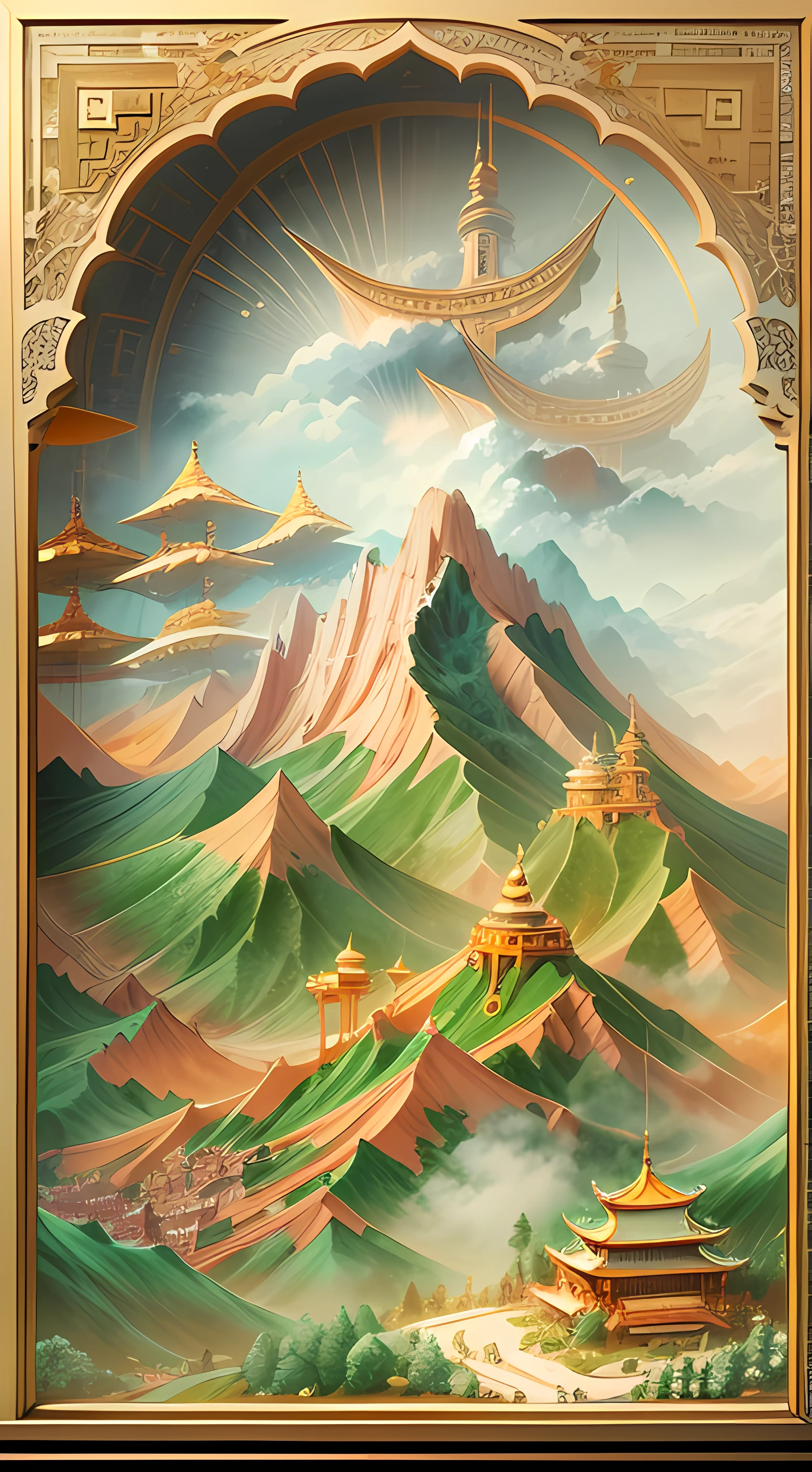 Jade，Gilded mountains，（Paper carving：1.5），Tilt-Shift，（Cloud fog：1.3），viewed from bird's-eye，Soft lighting，Oriental elements，Dreamy，white colors，golden colored，Traditional Chinese color scheme，reasonable design，Clear lines，High sharpness，Best quality，Very detailed，Masterpiece，offcial art，movie light effect，4K