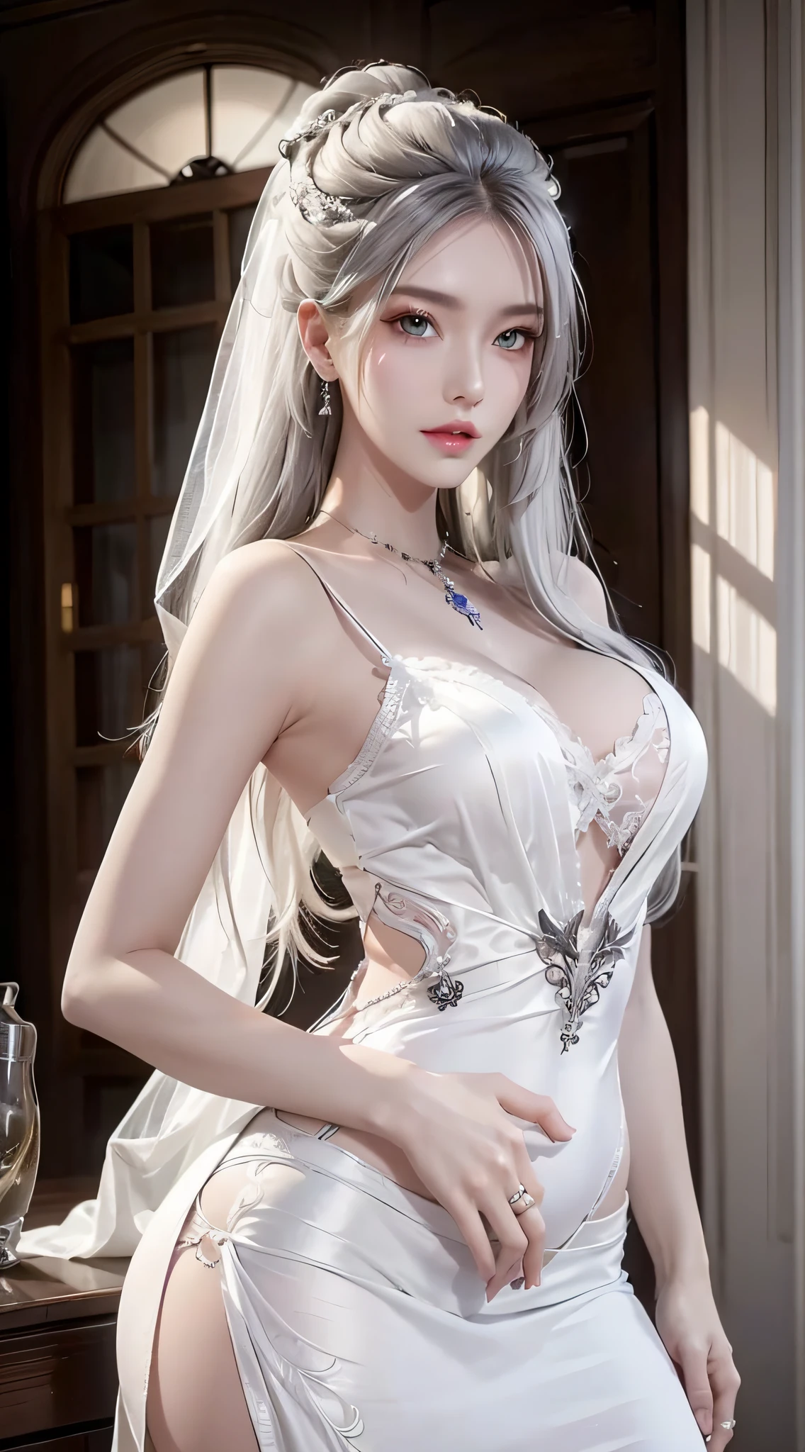Photorealistic, high resolution, 2 woman, Hips up, Beautiful eyes, White hair, Long hair, ringed eyes, jewelry, tattoo, wedding dress, white dress