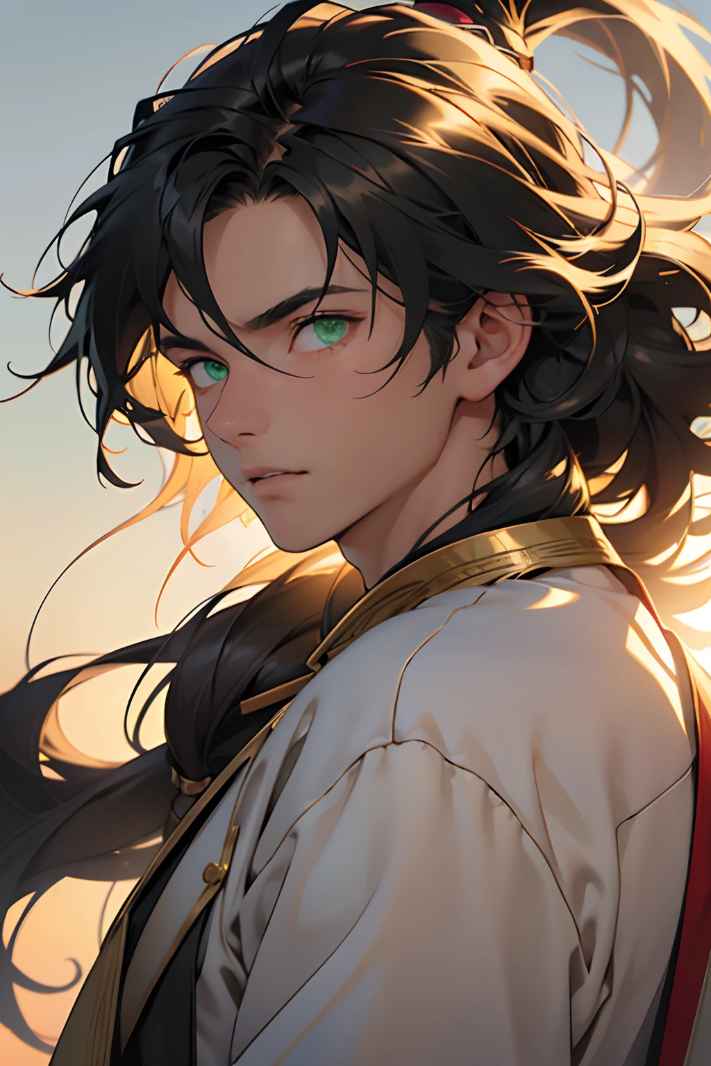 ****ung Man, 16〜20yr old, Details of face, hair messy, detailed hairs, 4K, High resolution, Looking away, Handsome, Face Focus, Detailed eye, mesmerizing eyes, Black hair, Medium length hair, The face is partially covered with hair, low angle, golden hour, backlight, Green eyes, Wind,