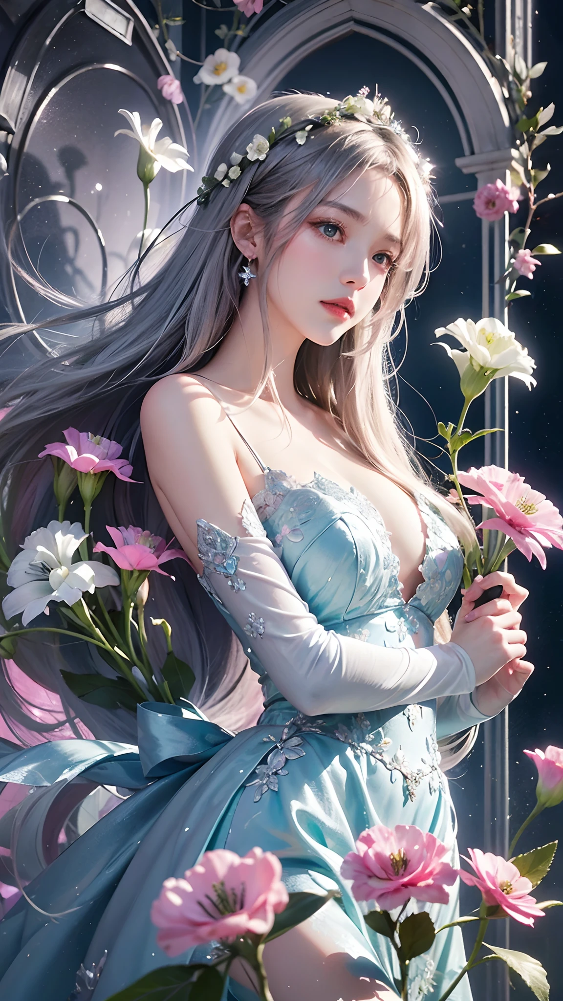 1girl, long hair, flower, Lisianthus, in the style of silver and light azure, dreamy and romantic compositions, silver, ethereal foliage, playful arrangements, fantasy, high contrast, ink strokes, explosions, over exposure, silver and pink tone impression, abstract, attractive pose,