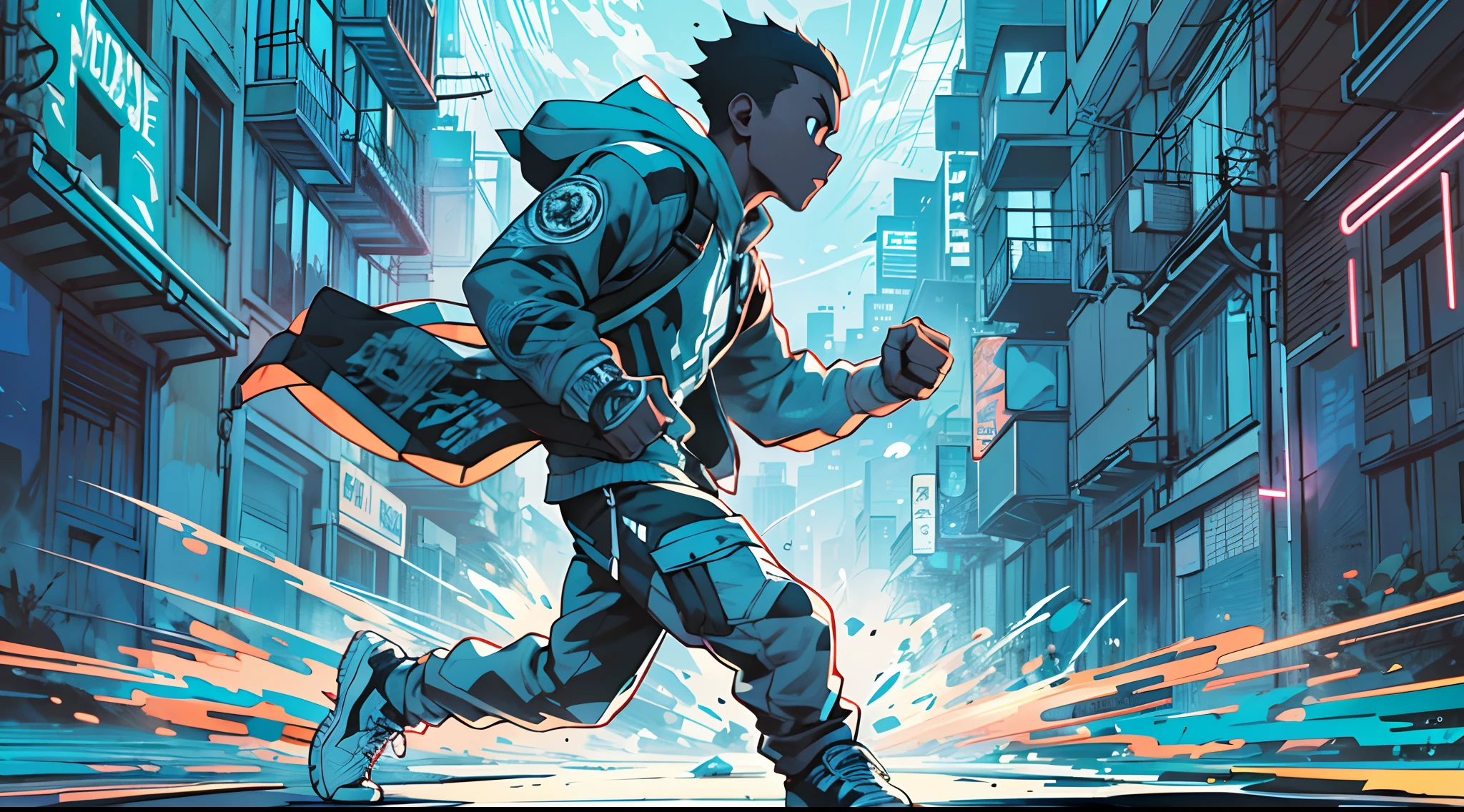 Black boy is running in the streets, blue hour, dynamic composition, radical moment, dynamic composition, panoramic view, high definition, high resolution, intricate details, cinematic lights e composition, 2d cartoon style, vector, splash ink, graffiti