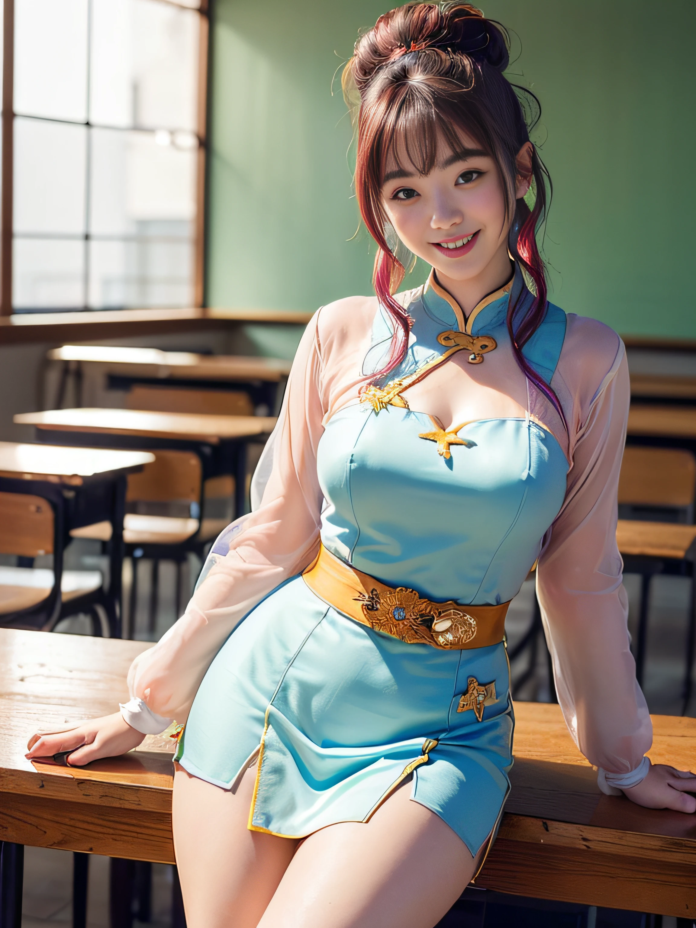 ((8K, RAW Photos, of the highest quality, Masterpieces), high definition RAW color photos professional photos, (Realistic, Photorealism: 1.37), (Highest Quality), (Best Shadows), (Best Illustrations), ((Cute, Beautiful, Ultra High Resolution, High Definition CG Unified 8K Denden Wallpaper, Physically Based Rendering, Movie Lighting), (aegyo sal:1), (cowboy shot),(1 japanese woman),(Photo of a woman in Japan 34 years old), (medium breasts), (sexy Face), (Random colored Ao dai),High School Classroom, Beautiful detail eyes, Light on the Face, ((Cowboy Shot: 1.2)), especially strong light, (Upper Eyes, Grinning smile:1.2),Shiny skin, ((Chinese buns)), ((Random colored hair)), (thick thighs), ulzzang -6500-v1.1:0.2, Shy, (The Flash:1.2), ((enchanting posture: 1.3, Attractive: 1.2)), (idle), ((Good anatomy: 1.2)), ((Bright and refreshing classroom, the background is blurred: 1.2)), Perfect face, Cute face, (high-angle shot:1.2)