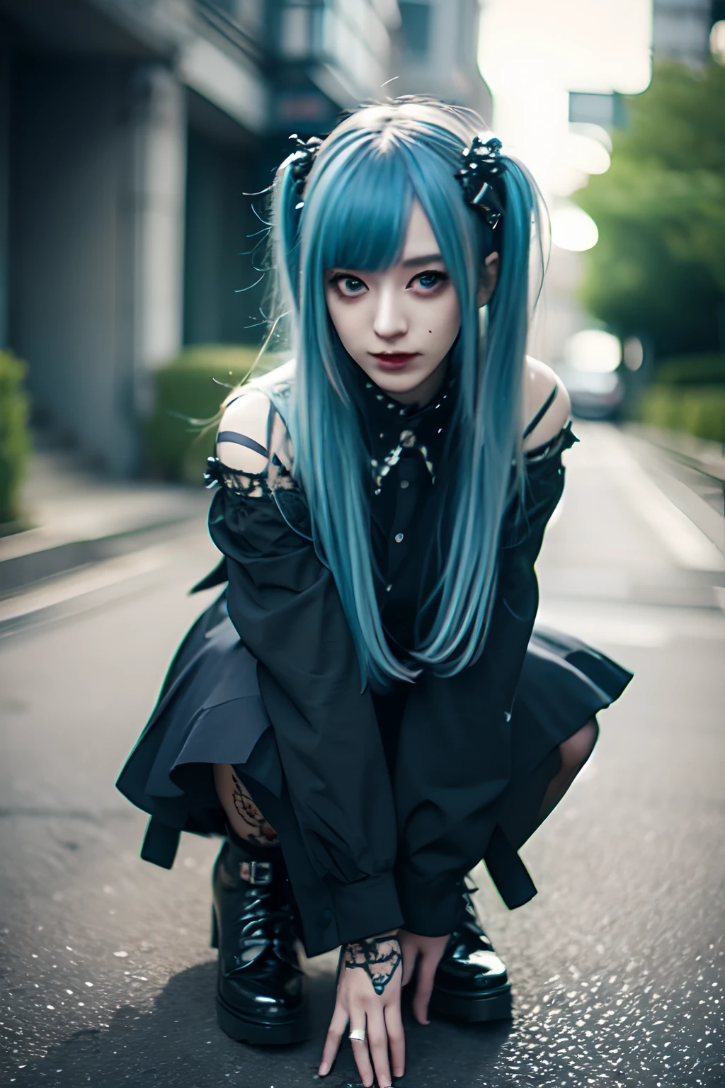 all-fours、yes、Huza、maid clothes、Green hair、miku hatsune、Twin-tailed、piercings、耳Nipple Ring、The tattoo、goth_punk, 1girl in, 独奏,、top-quality, Photorealistic, An ultra-fine illustrations, beautiful attractive anime girl, miku hatsune, Slender body, Tied hair, one girls, a photo of girl, Full body shot, Beautiful blue eyes, Turned,耳Nipple Ring、hair adornments、jewely、
