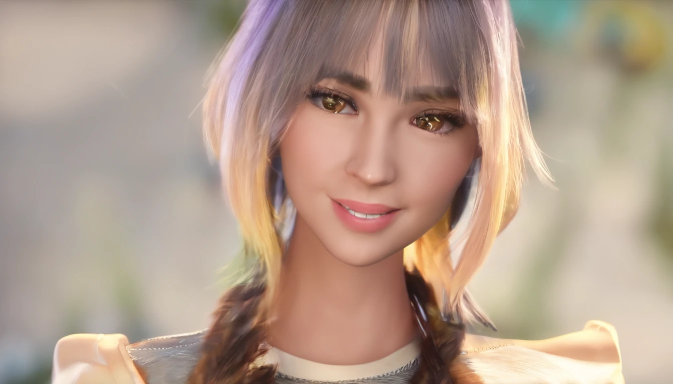 A girl with black and white hair, Happy smile,Beautiful detailed eyes, beautiful detailed lips, Extremely detailed eyes and face, Long eyelashes, 18 years old, Realistic, High-res, Ultra-detailed, Vivid colors, sportrait, profesional lighting, Fine painting, Bokeh