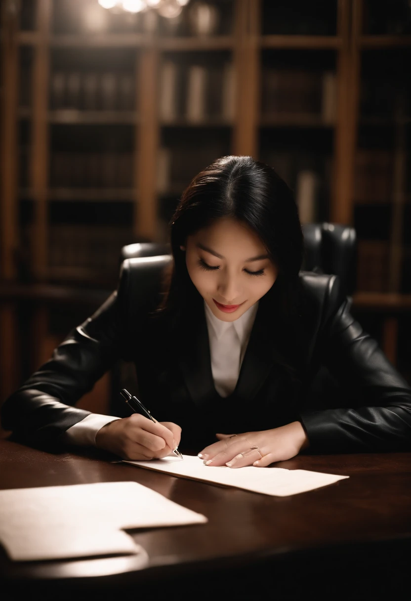 Wearing black leather gloves in both hands, upper body, black business suit, facing the desk in the modern study in the dark, looking down and smiling, writing a letter using a fountain pen, long, straight black hair, young Japanese woman (black leather gloves cover both hands)