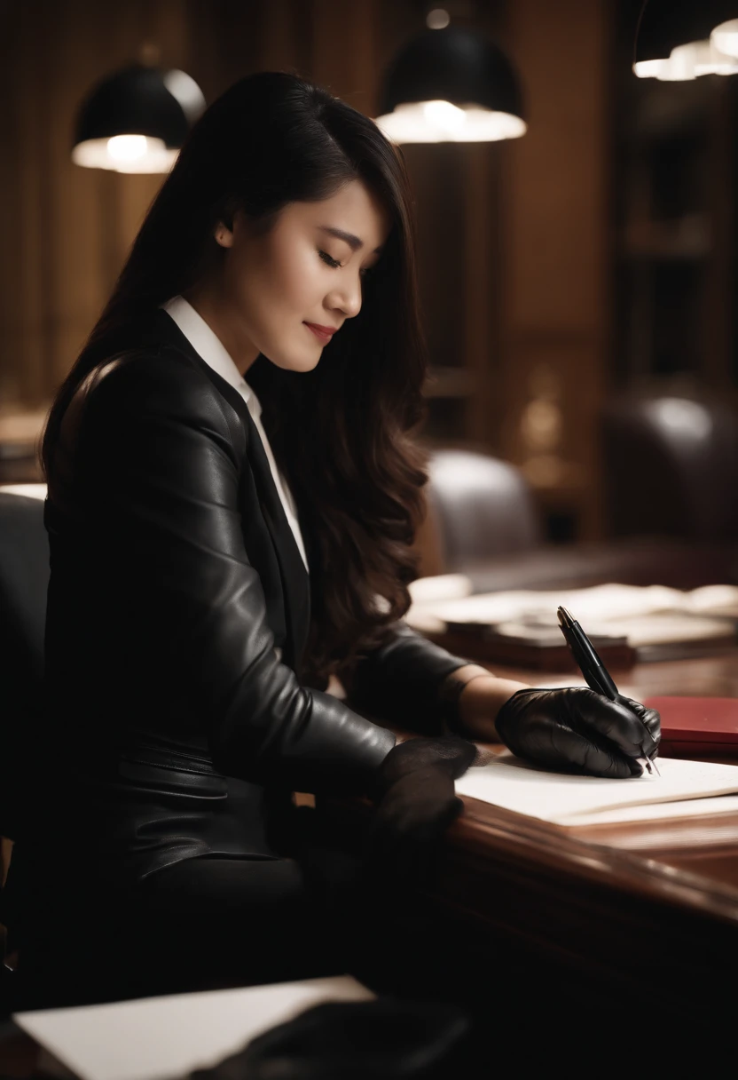 Wearing black leather gloves in both hands, upper body, black business suit, facing the desk in the modern study in the dark, looking down and smiling, writing a letter using a fountain pen, long, straight black hair, young Japanese woman (black leather gloves cover both hands)