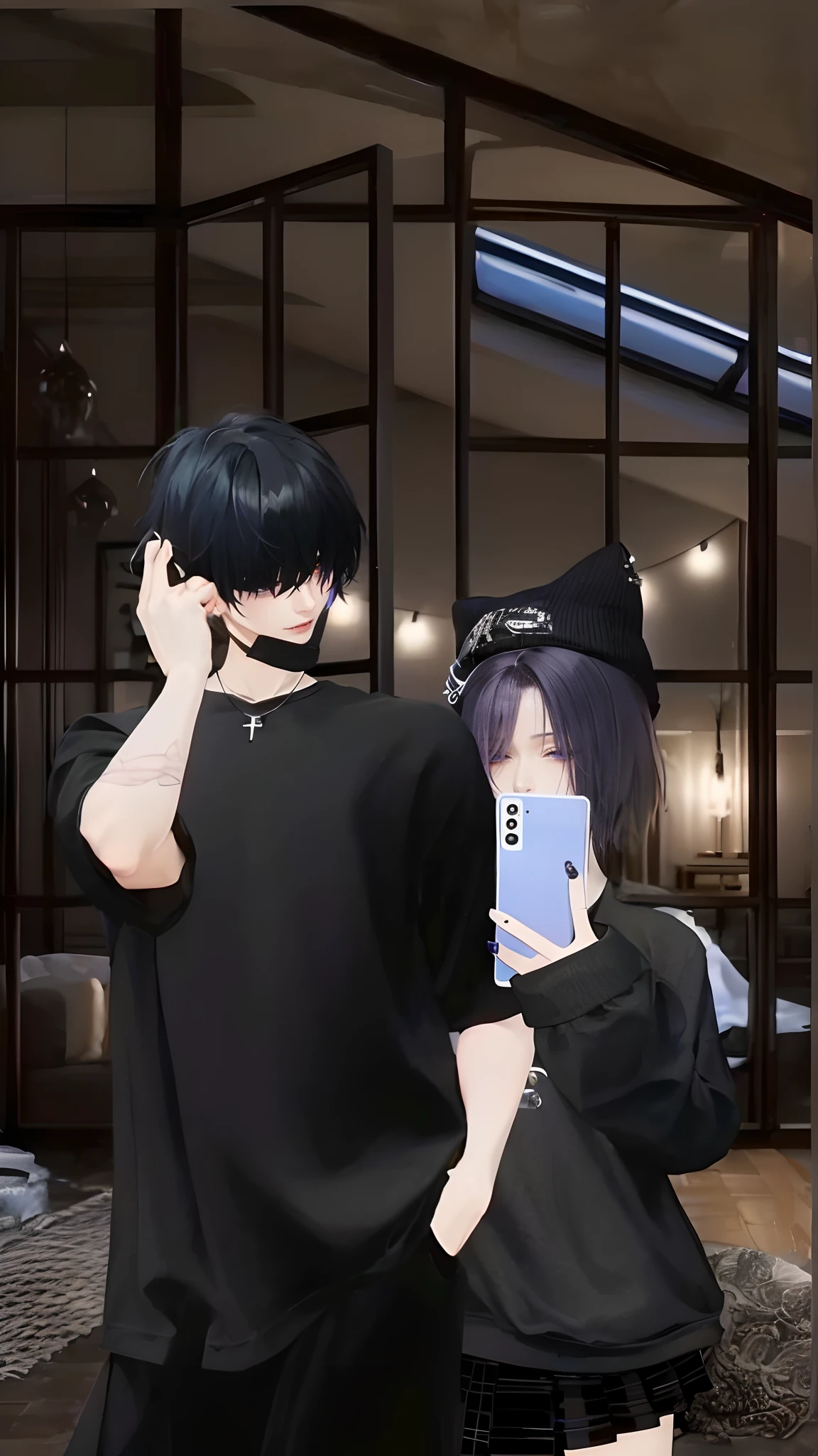masterpiece, top-quality, 2Others, Male couple, 1 man and 1,, Adults, Height difference, different fashion, different color, finely eye and detailed face, intricate detailes, Naked, Casual clothing, white backgrounid, A smile, Happiness, tenderness, queers, Boys Love, high-level image quality、 selfee, Two beautiful men、tall、The upper part of the body、nightfall、nighttime scene、𝓡𝓸𝓶𝓪𝓷𝓽𝓲𝓬、Korean Male, Idol Photos, Model photo, k pop, Professional Photos, Vampires, Korean fashion with black pants and white Y-shirt, Fedoman with necklace, inspired by Sim Sa-jeong, androgynous vampire, :9 detailed face: 8, extra detailed face, detailed punk hair, ((eyes are brown)) baggy eyes, Seductive. Highly detailed, semi realistic anime, Vampires, hyperrealistic teen, delicate androgynous prince, imvu, short hair above the ears, Man with short hair, With a purple-haired man with a wild expression, Man with light blue hair with gentle expression, ((With a short-haired man with bright purple hair)), ((Man with light blue hair)), Take off your shirt and pose