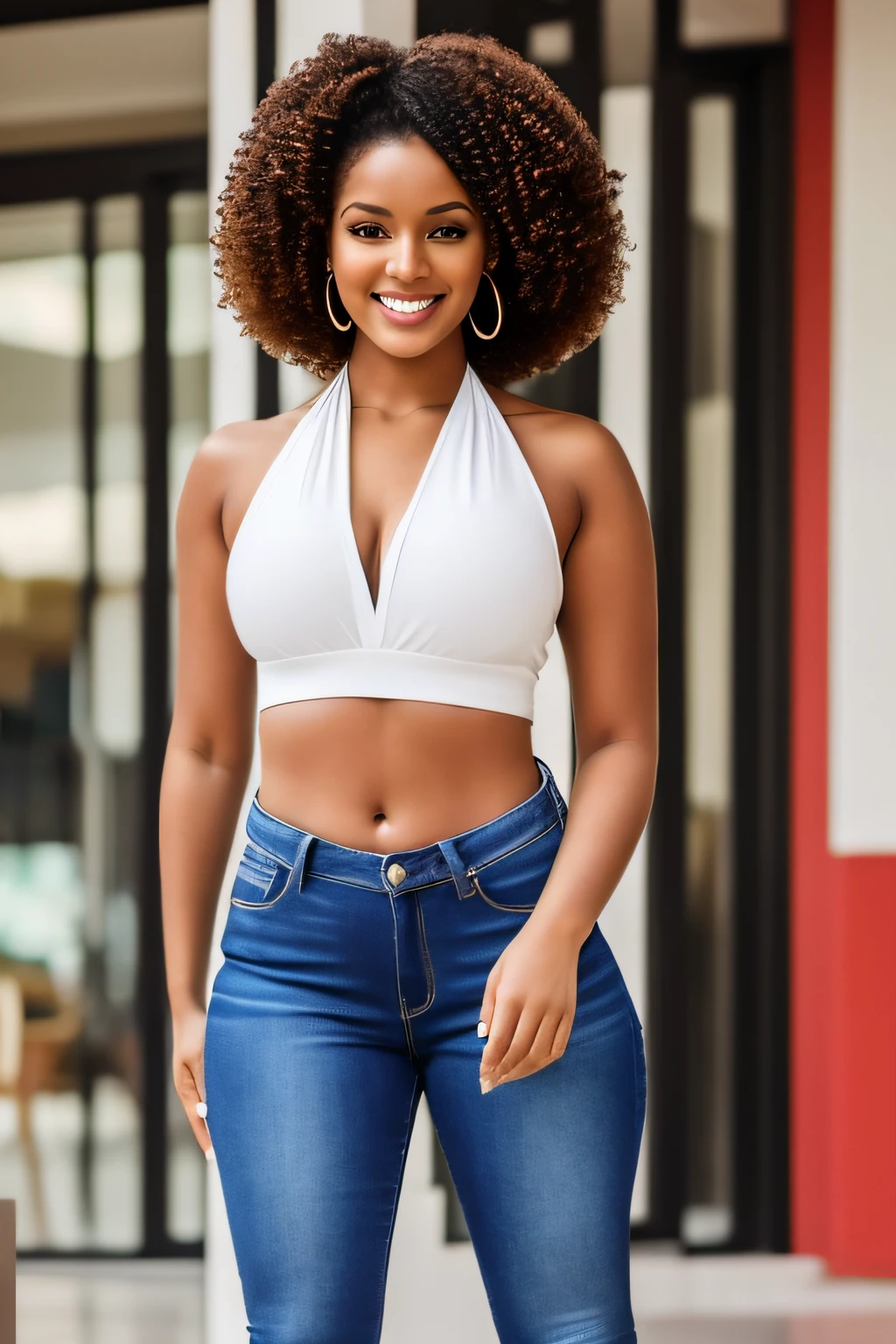 arafed woman posing for a picture on at the mall, wearing tight jeans and white halter top, and red stiletto heels, holding red clutch purse. smooth body, afro curly hair, perfect face and body, beautiful light skin mixed female model, realistic photo of slim girl model, beautiful mixed race black woman , gorgeous young model, perfect body, light skin, curvy model, model with attractive body, perfect body and face, smooth body features, perfect and proportional body, attractive body