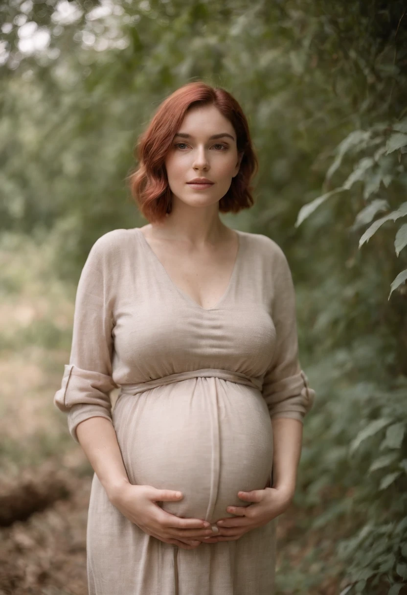 pregnant woman in cJungle, in the style of dark beige and beige, grid-based, highly textured, soft, photo taken with provia, folk/naïve,highly detailed,photo taken with fujifilm superia, charly amani,red short hair, sunny day, full body