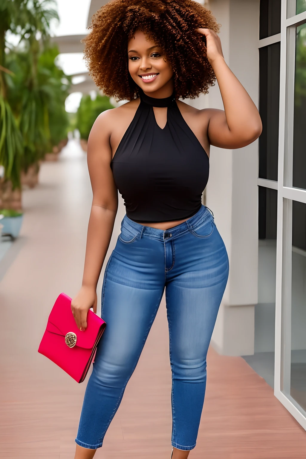 arafed woman posing for a picture on at the mall, wearing tight jeans and white halter top, and red stiletto heels, holding red clutch purse. smooth body, afro curly hair, perfect face and body, beautiful light skin mixed female model, realistic photo of slim girl model, beautiful mixed race black woman , gorgeous young model, perfect body, light skin, curvy model, model with attractive body, perfect body and face, smooth body features, perfect and proportional body, attractive body