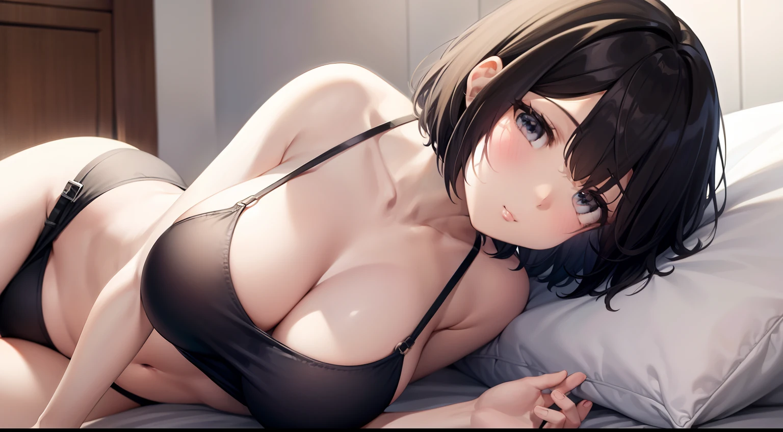 Colossal tits, Upper body, Lying in bed ,sleepy expression, a short bob,Camisole,sideways Facing,(SFW),Lying on the left side
