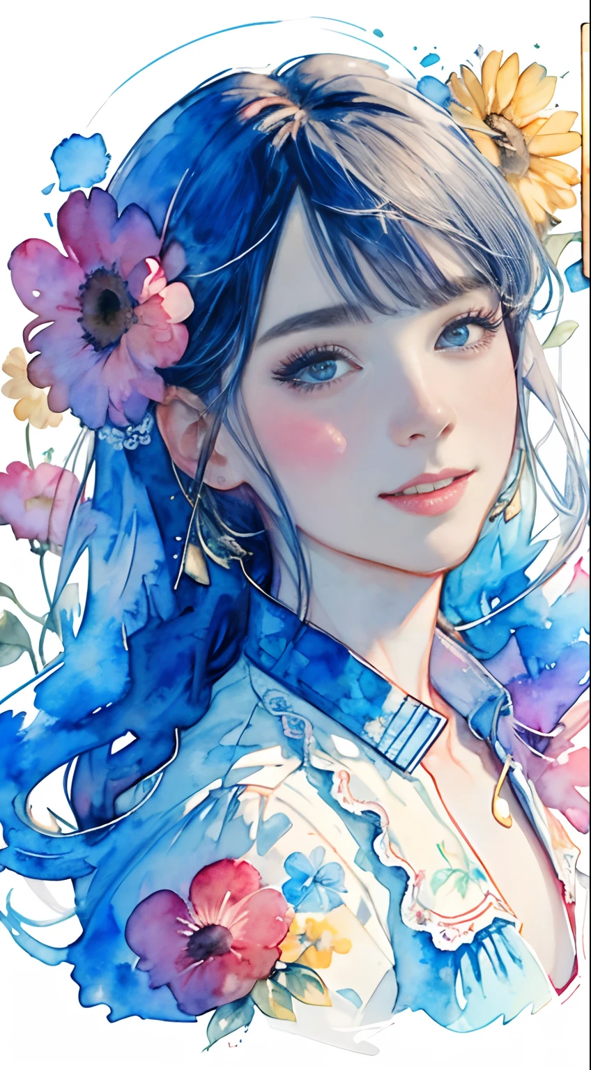 8K,masterpiece,top-quality, twerk ,30 years old 1 girl, Holding a large bouquet,Portrait, Floral, watercolor sketch, light, Long hair, ssmile, watercolor paiting \(Medium\),watercolor paiting,Blouse with collar