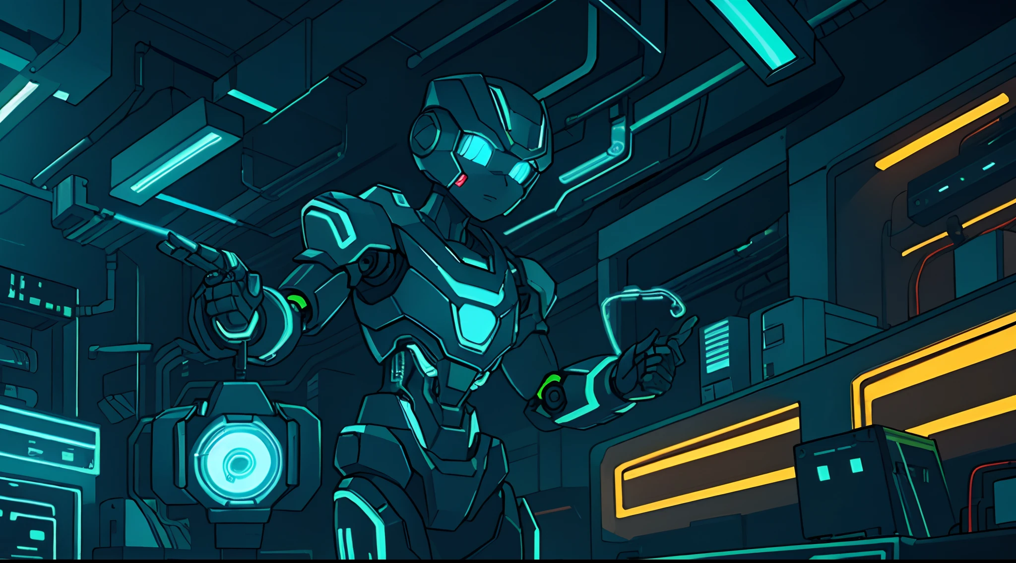 Robot figure made of wire and circuit, Illuminated by bright neon lights in the dark, industrial setting.