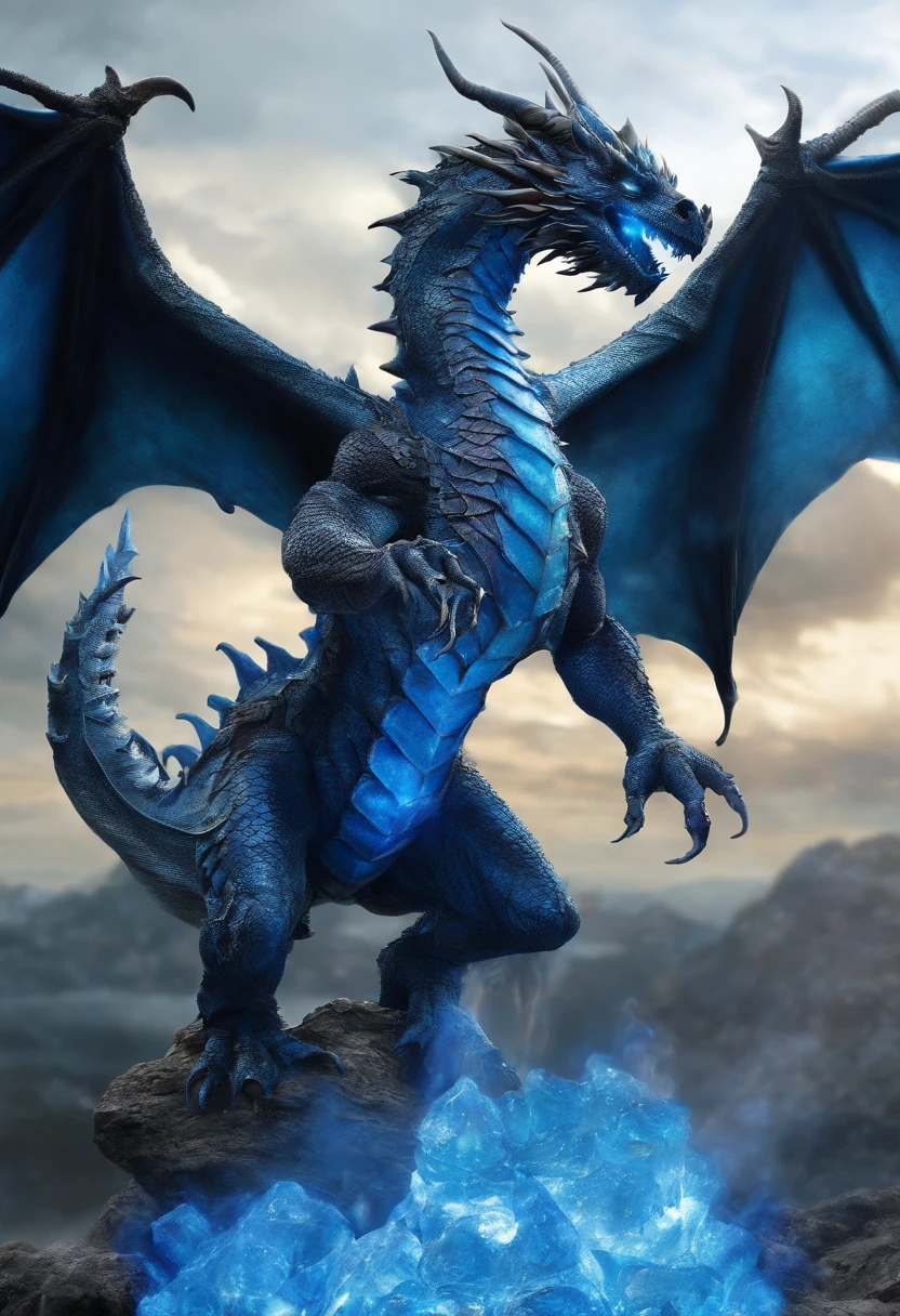 Amazing dragon, western dragon, blue crystal in body, wings, blue flame surrounded him, surrealism, cinematic, masterpiece