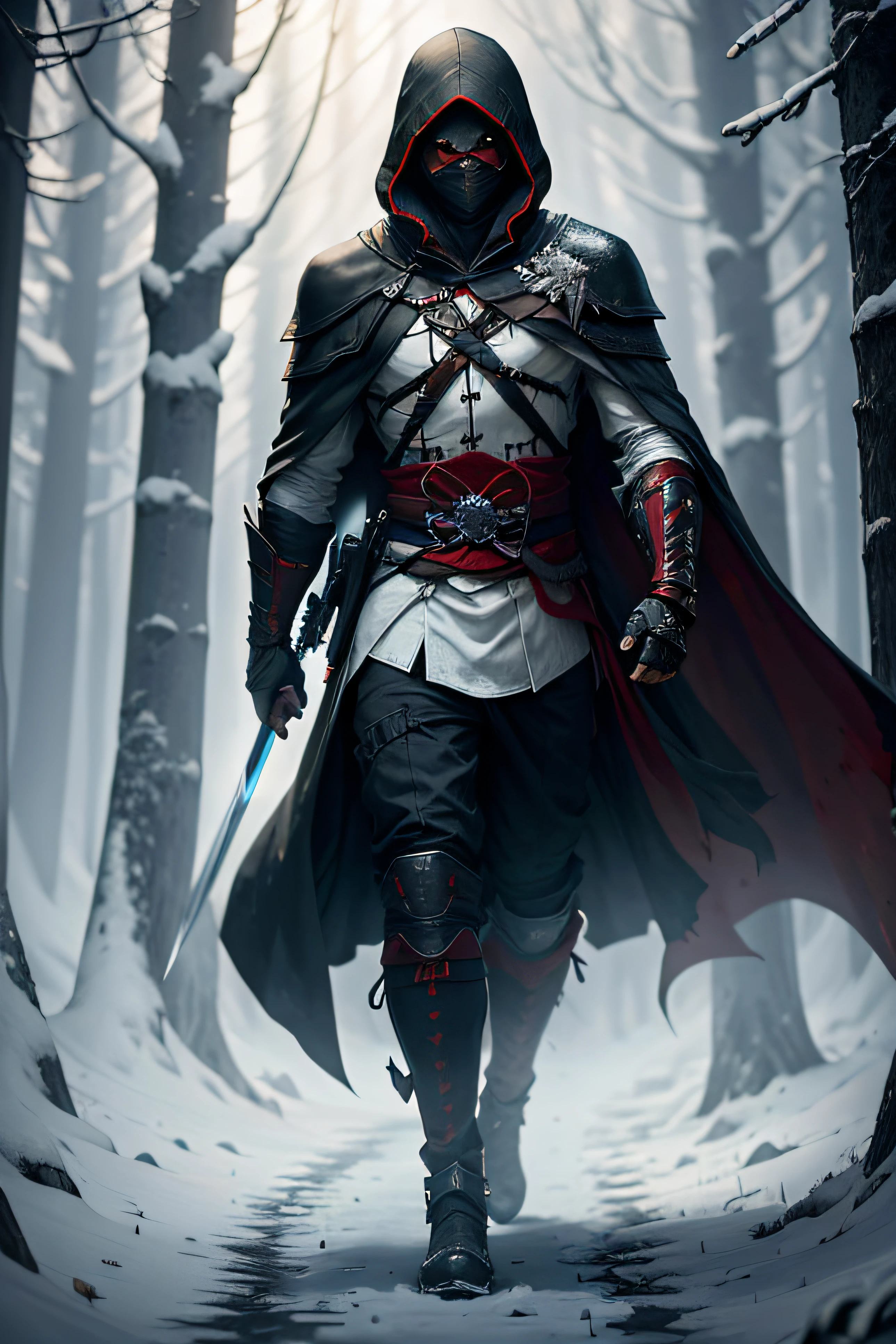 Wounded Ghost ninja wearing a black Assassin's Creed style cape, walking through a burning forest on a snowy night, High Saturation,equip dual hidden blade's, Flintlock, White Eyes, Fire in Background, High Saturation, Hot Colors, Cold Colors in Background.