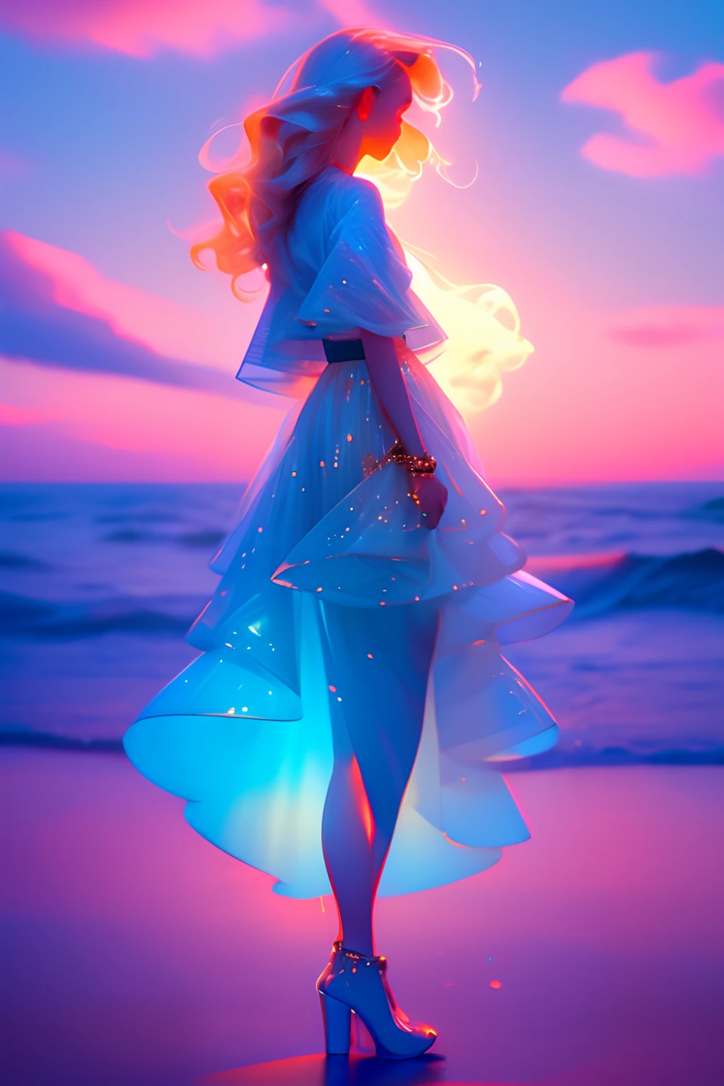 tmasterpiece， high high quality， cinematic Film still from， one-girl，Golden hair，，Night sky，standing on the sea side， Cloud Girl， Clouds， （closeup cleavage： 1.1）， brightly，  Colorful， Transparent body，Sparkling，full bodyesbian，Green skirt，Blue skirt，Transparent clothes