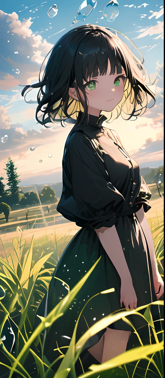 (best quality, 4k),1girl,Short black hair with bangs, green eyes,Grass, sky, plants, dew drops,clouds.