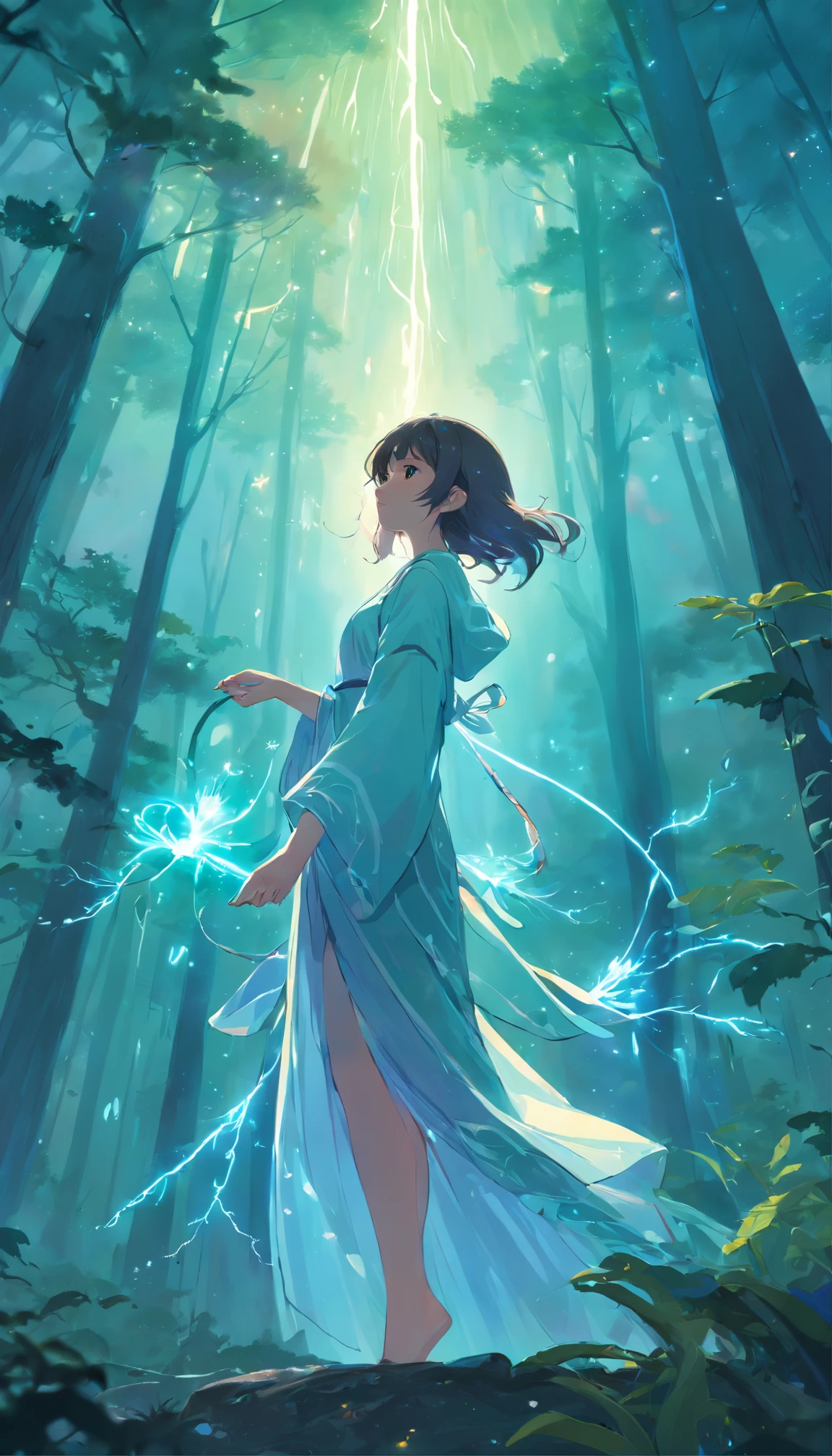 (Best quality, Masterpiece:1.2), ("Smoke" theme:1.1), (full bodyesbian:0.6), (Mysterious smoke lightning), A mysterious light shines in the forest, Stand on a girl captured by realistic splendor. The silhouette of her form is engraved with purpose, Shadows and thick silhouettes blend together，Defines her ethereal presence. In this fascinating portrait, She stared firmly upwards, Embodies the fusion of strength and vulnerability. Isolated and mysterious, She cast an unwavering concentration spell, Her lips pursed intently and gently. Dressed in a flowing white robe, Her hair fluttered in the wind, Imitates the movement of a choppy sea. The exquisite skill of mushrooms:&Vadim Kashin the maximum way:1.5 complex and deep textures in detail, A testament to skill and imagination. In this surreal dream, The forest is full of bioluminescent plants, A range of colors echo the stars above. The mesmerizing chorus of floating deep jellyfish adds a captivating aura to the scene, Their gentle undulations create otherworldly dances in the fog. The juxtaposition of the earth and the ocean, Forests and oceans, Depicted in stark contrast, Each element complements each other in a harmonious symphony. The work breathes life into the ethereal through artist WLOP's fractal halo and cosmic femininity, Infuse the environment with an otherworldly aura. In this enchanting environment, She shines with bioluminescence, Sparkle in a soft haze. Engaging scenes are crafted with complex renderings of octane renderings, Striking a balance between exquisite details and immersive beauty
